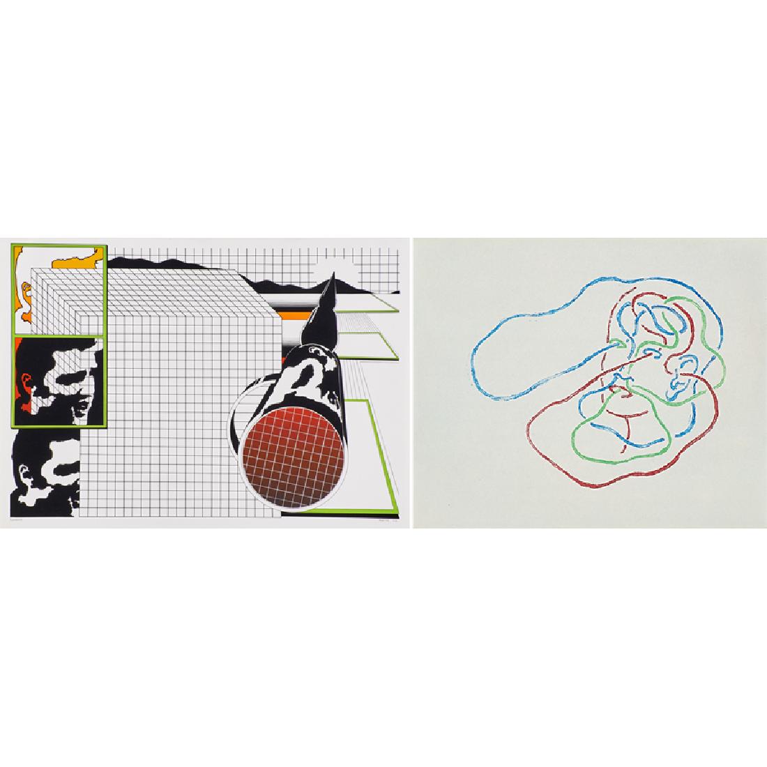 Markus Raetz (Swiss, b. 1941): Two works of art; Elvis, 1967; Screenprint in colors on paper; Signed, dated and noted proof; 19 5/8" x 27 1/2" (sheet); ...anne - Trilogie II - Sine II, 1987; Etching and aquatint in colors on paper;