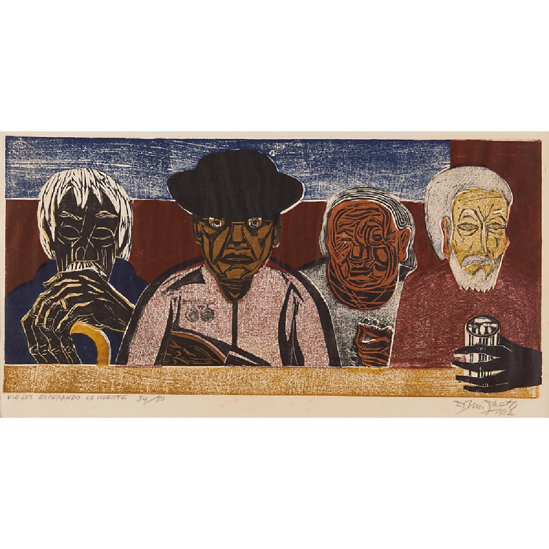Francisco Amighetti (Costa Rican, 1907-1998): Viejos Esperando La Muerte, 1982; Woodcut in colors on paper; Signed, dated, titled and numbered 34/50; 26" x 38 1/8" (sheet); Provenance: Collection of Joshua P. Smith