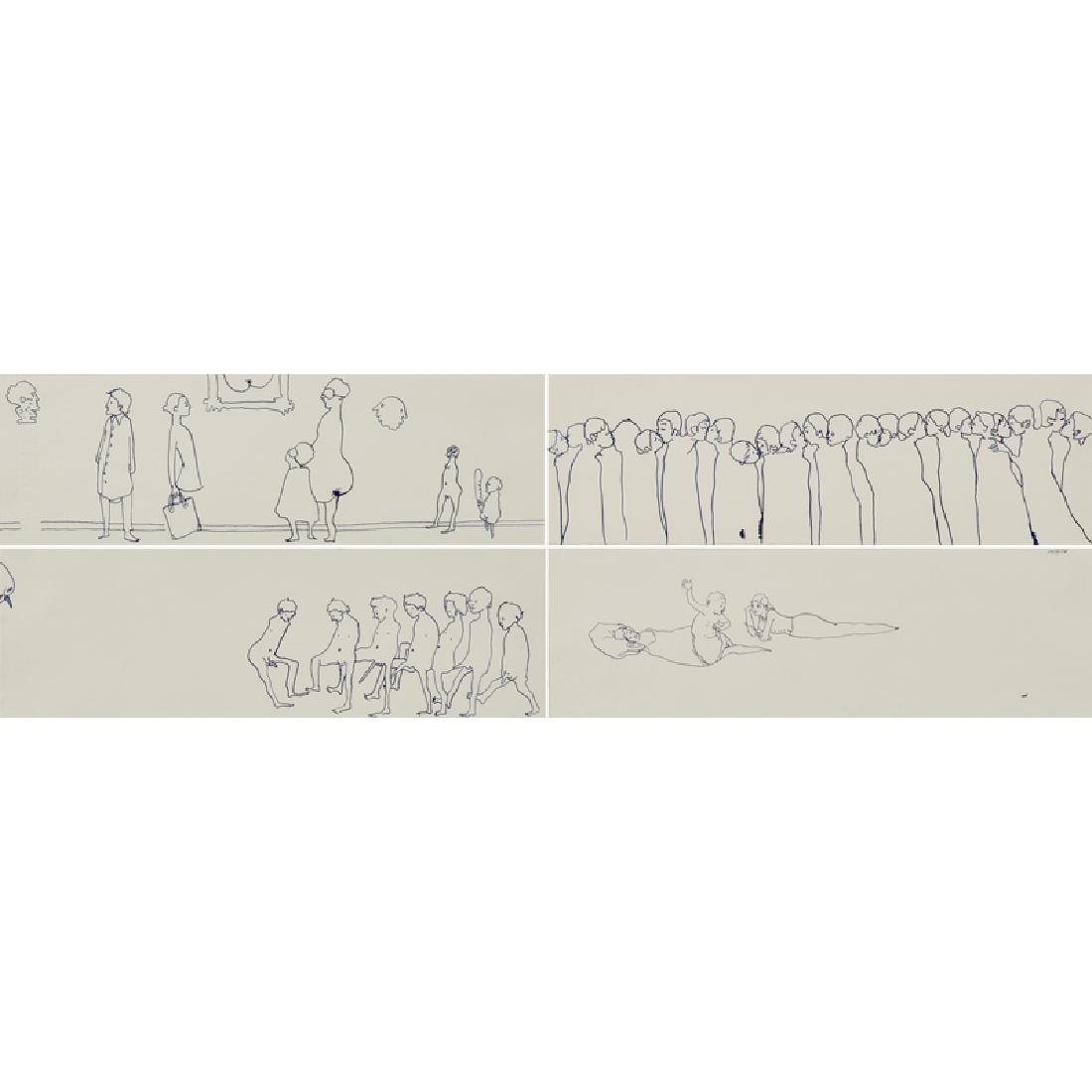 Dasha Shishkin (American/Russian, b. 1977): Untitled, 2004; Four ink on paper (framed separately); One dated; 5" x 15 1/2" (sheet, each); Provenance: Brooklyn Fire Proof, Inc., Brooklyn, NY; Private Collection, Florida