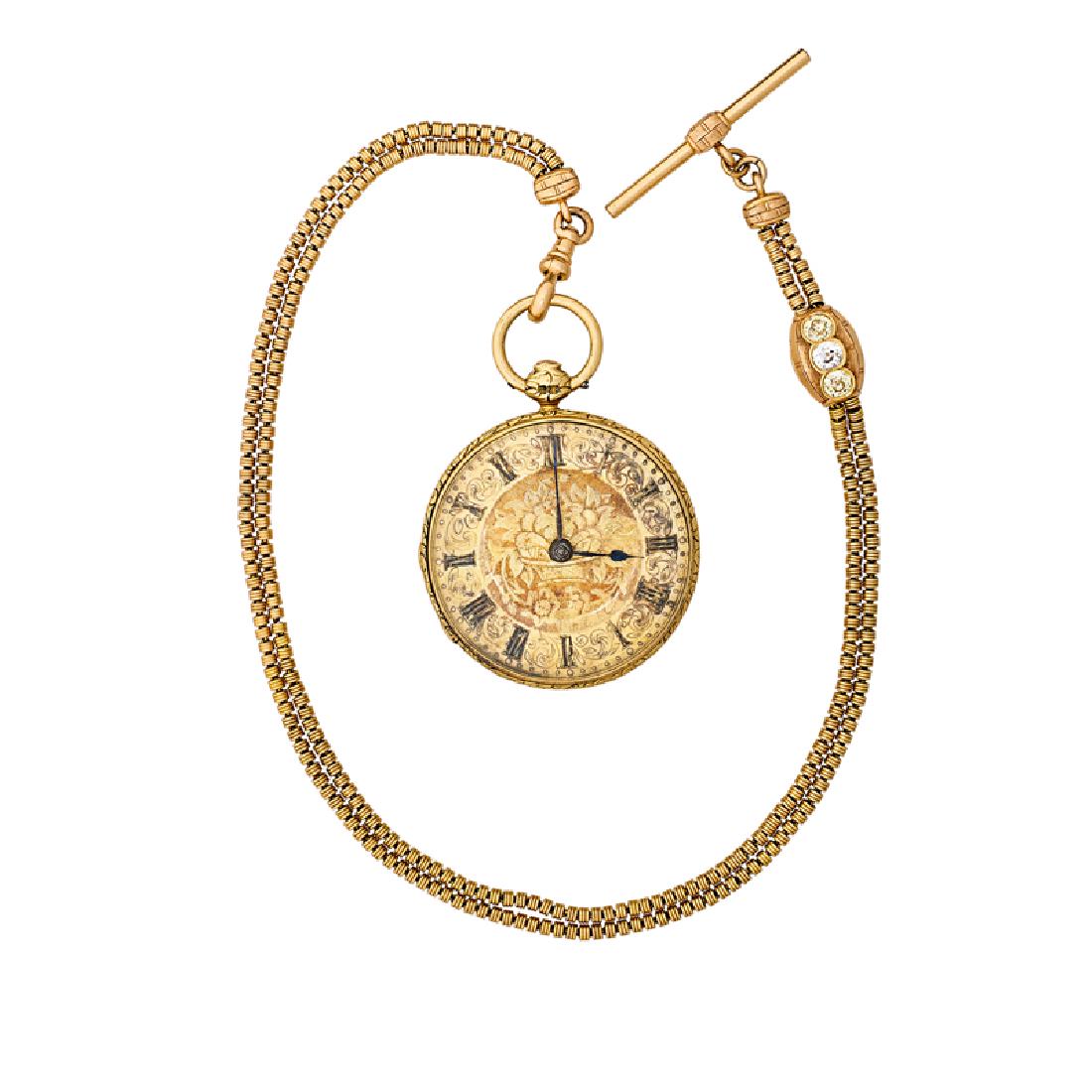 ENGLISH YELLOW GOLD POCKET WATCH & DIAMOND CHAIN (1 of 4)