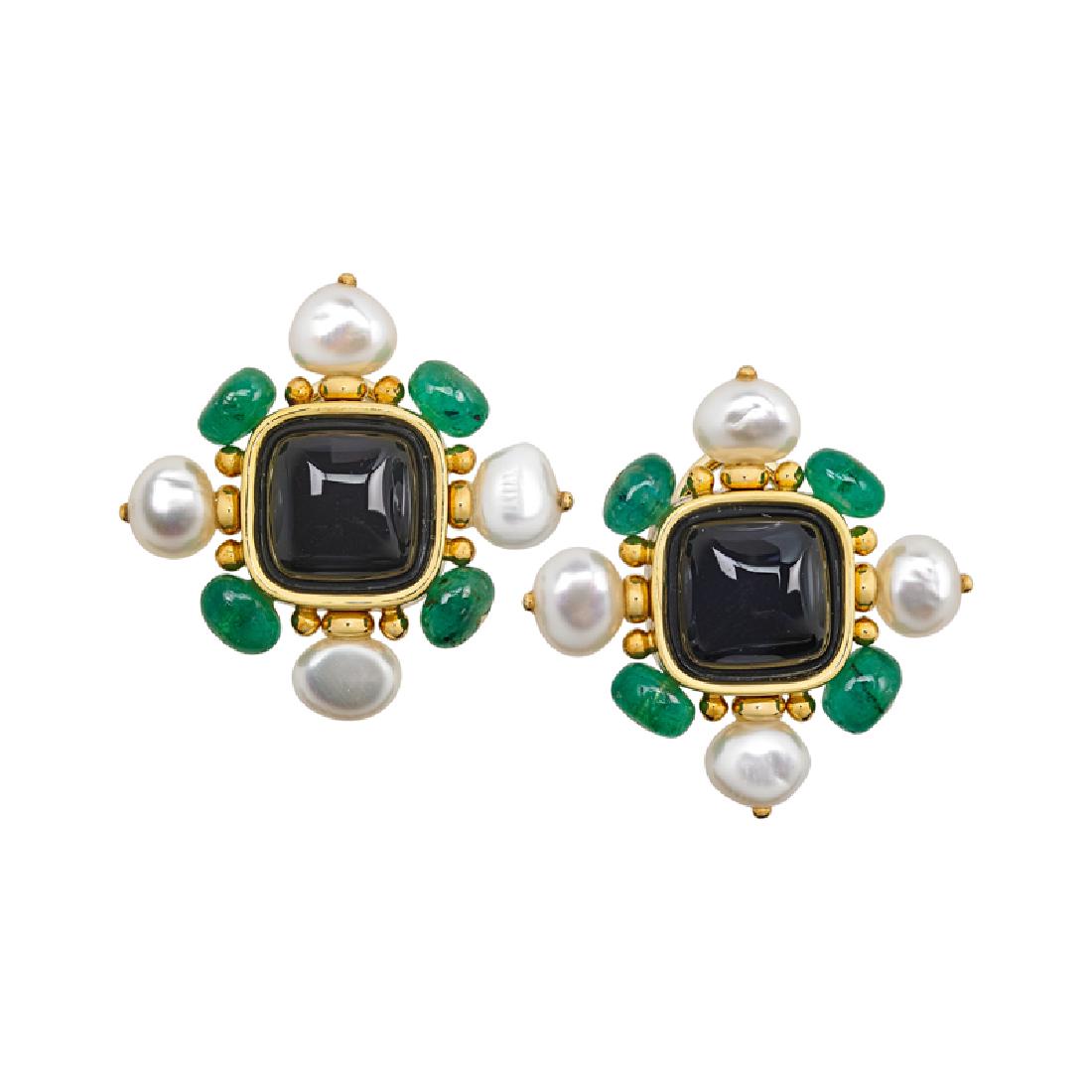 GARNET, EMERALD & PEARL YELLOW GOLD EARRINGS (1 of 1)