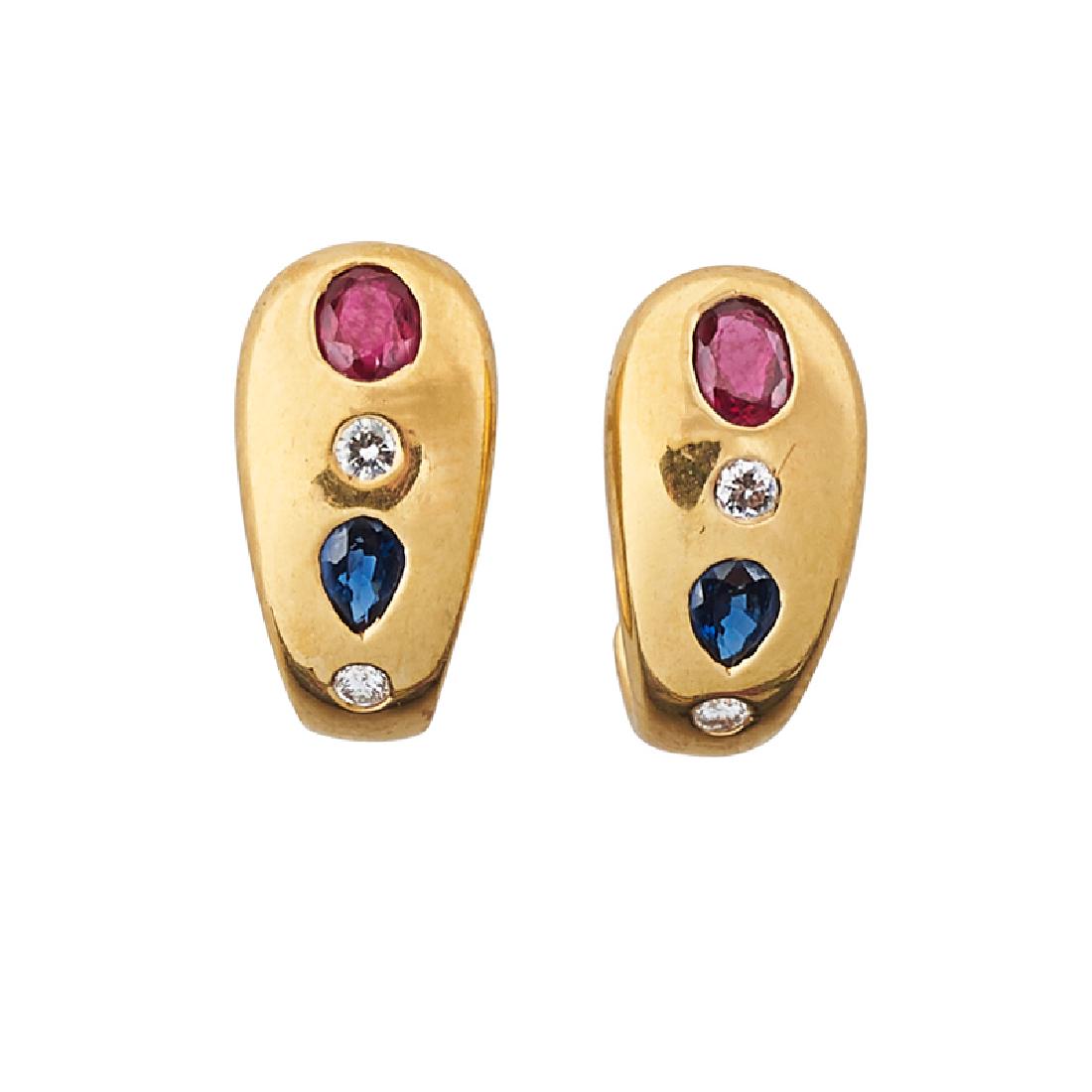DIAMOND & GEM SET YELLOW GOLD HUGGIE EARRINGS (1 of 2)