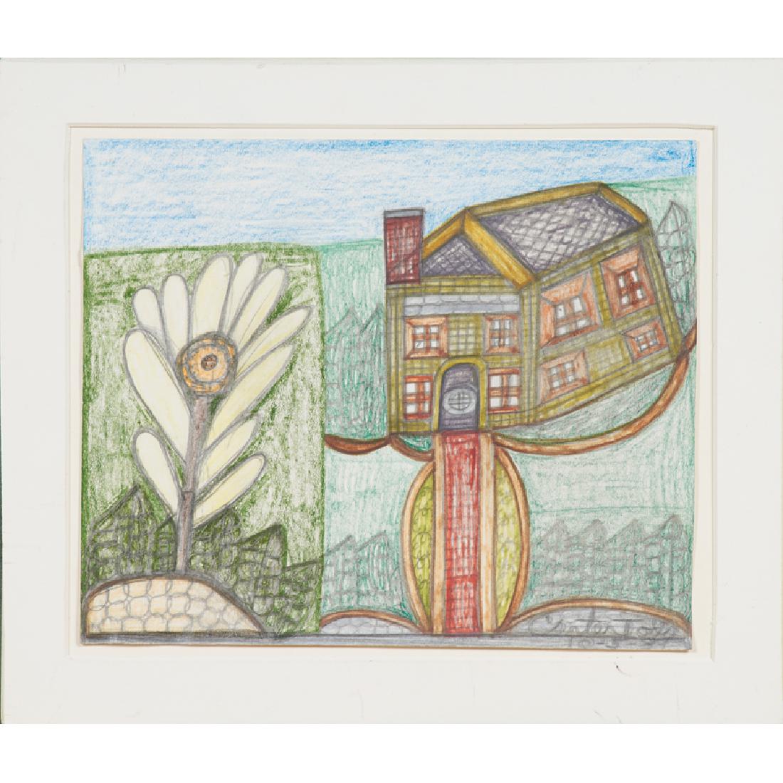 CARTER TODD (American, 1947-2004): Untitled (House and Garden), 1989 Crayon and pencil on paper Signed 8" x 9 1/2" Carter Todd left school at an early age and spent many years doing odd jobs. During a stay in a center for alcoholics, T