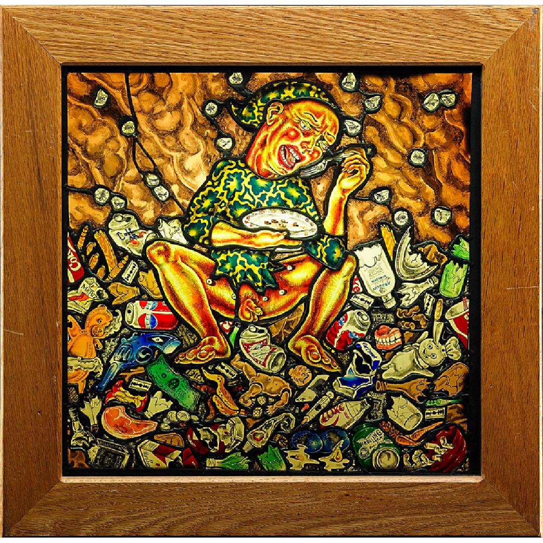 JUDITH SCHAECHTER (American, b. 1961): "Waste", 1990 Pieced engraved stained glass framed in light box Signed Image: 17â€ x 17â€, Box : 22 Â¼â€ x 22 Â¼â€ x 6" Exhibition: Washington, DC, The Renwick Gallery of the Smithsoni