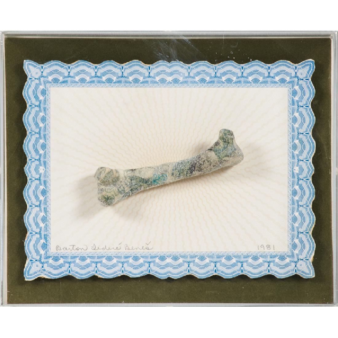 BARTON LIDICE BENES (American, 1942-2012): Untitled, 1981 Mixed media (bone, shredded currency) (framed in shadowbox) Signed and dated 9 3/8" x 11 3/8" Born in New Jersey and reared in Queens in a conservative Roman Catholic household, New Yor