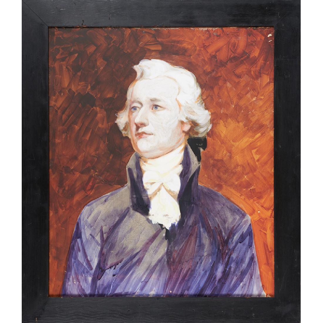 CONTEMPORARY PORTRAIT OF ALEXANDER HAMILTON: Ca. 1960s-1970s, based on the 18th c. portrait by John Trumball Oil on masonite 30" x 25"