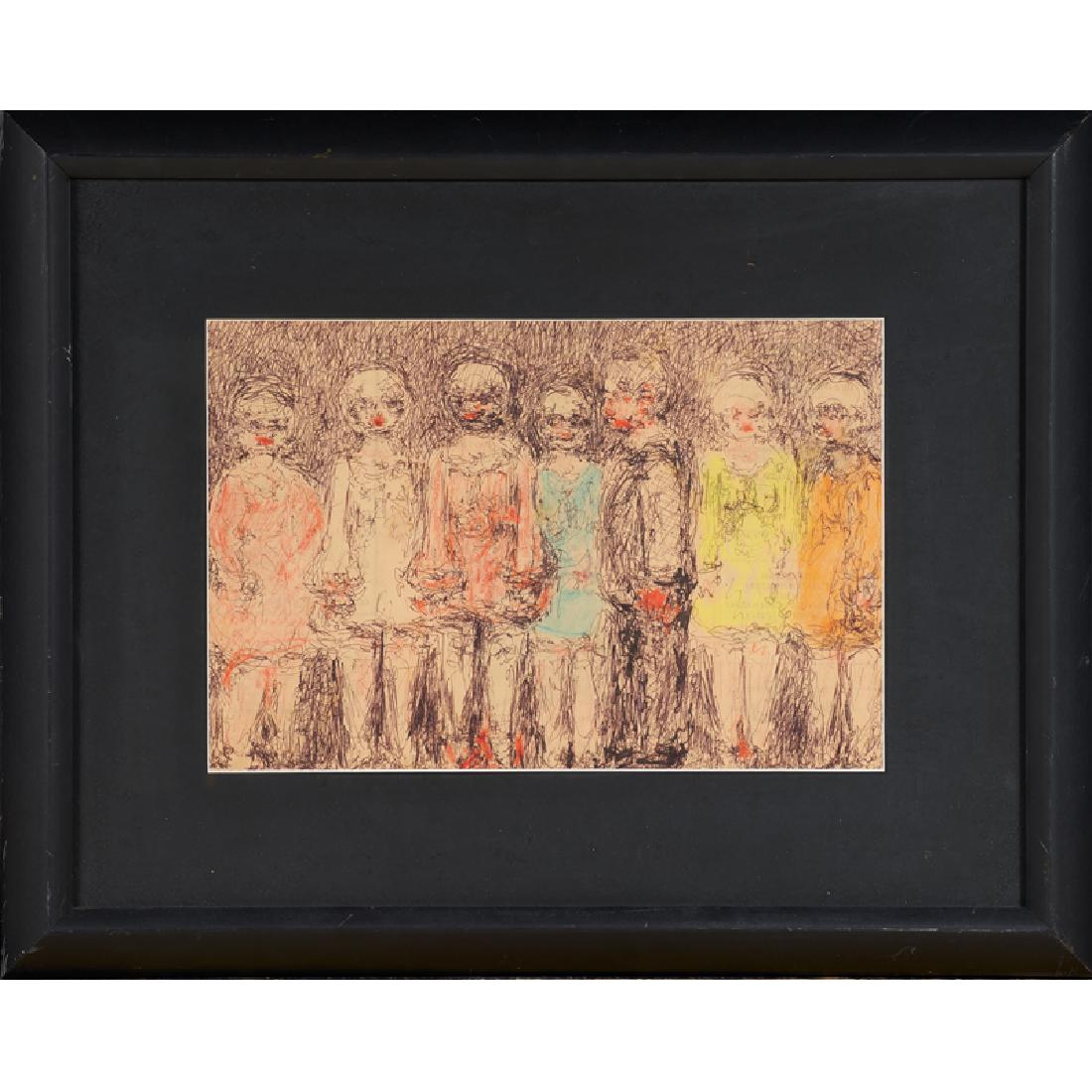 MALCOLM MCKESSON (American, 1909-1999): Untitled (Figures) Ink and crayon on paper menu (framed) Signed Sight: 9 1/2" x 14" Provenance: Acquired from the artist Note: Reference Christie's New York, 19 January 2018, "Beyond Imagination: Outs