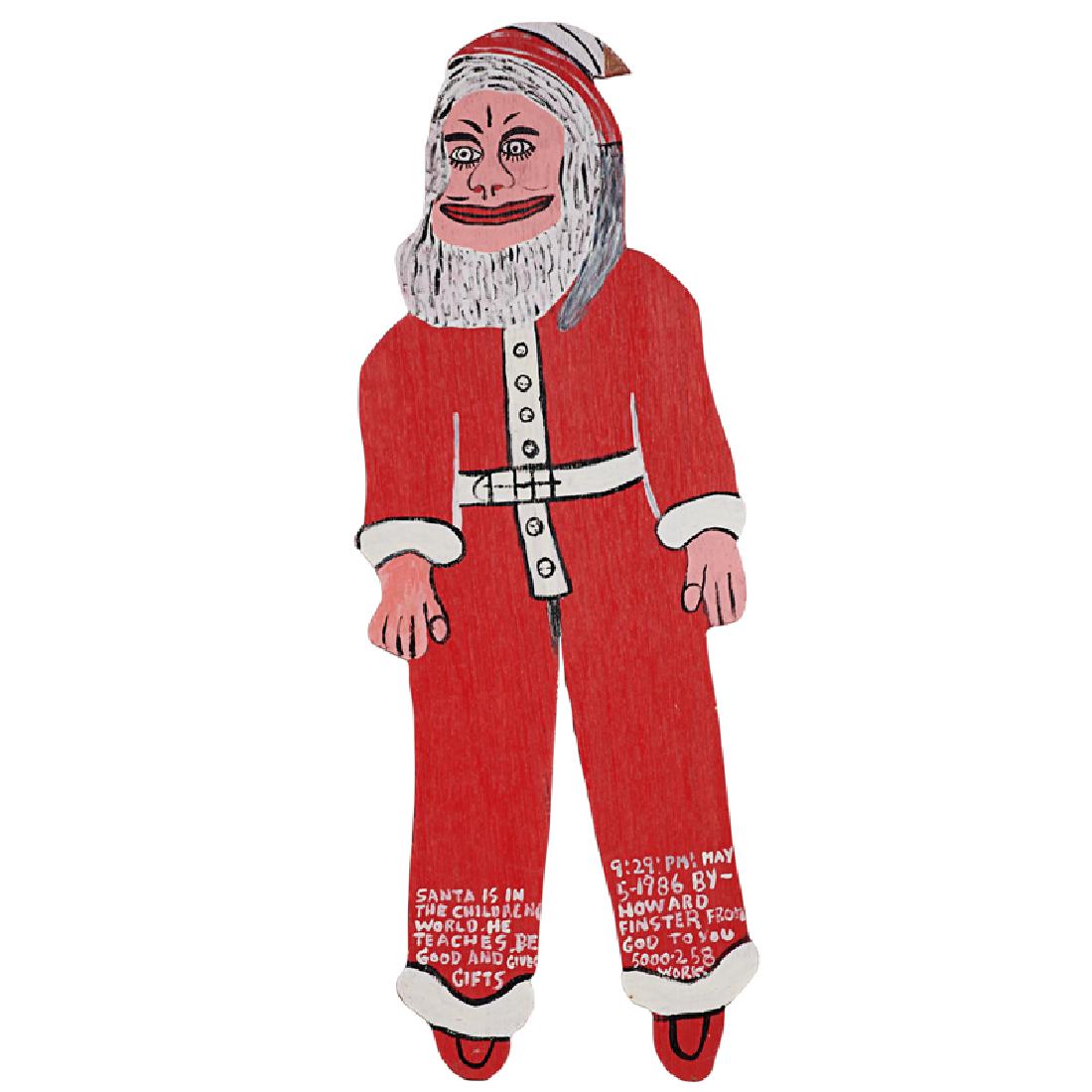 HOWARD FINSTER (American, 1916-2001): Santa Claus Acrylic on wood cutout Signed and dated 1986, also inscribed "Howard Finster, from God to you. Santa is in the children world. He teaches be good and gives gifts" Reverse inscribed "5000,2