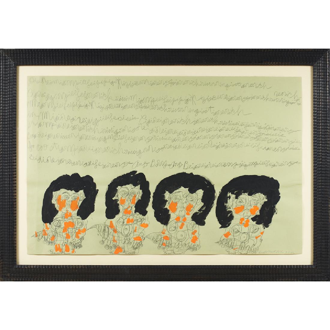 DWIGHT MACKINTOSH (American, 1906-1999): Untitled, 1982 Tempera and graphite on paper (framed) Signed and dated 3/31/82 26" x 40" Dwight Mackintosh was committed to a mental institution at the age of 16 and released a lifetime later in a mas