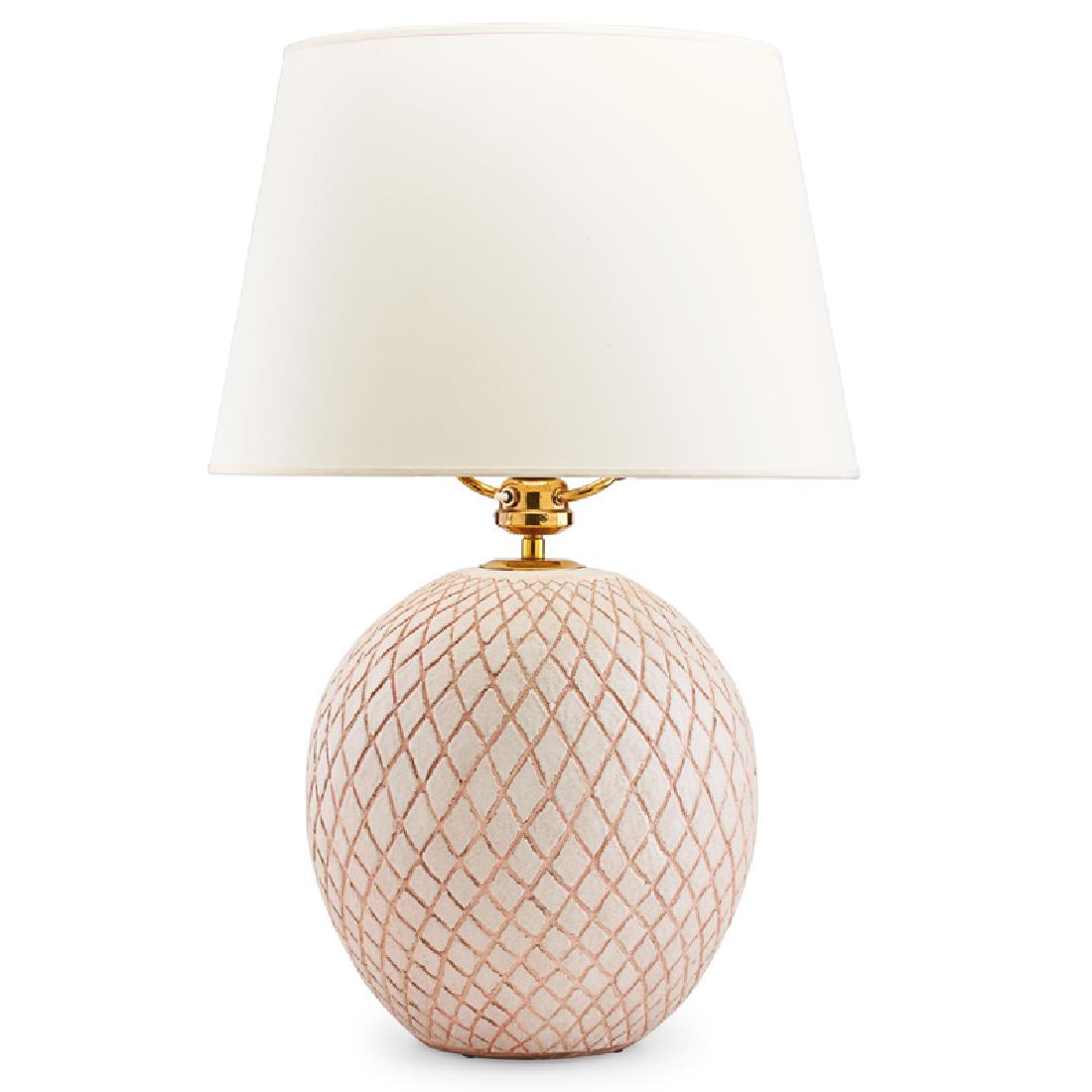 JEAN BESNARD Large table lamp: JEAN BESNARD (1889 - 1958) Large table lamp with crosshatch pattern, France Glazed earthenware, two sockets Incised Jean Besnard FRANCE Overall: 28" x 18", base only: 19 1/2" x 12"