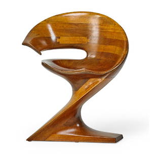 MICHAEL COFFEY Matador 2 chair: MICHAEL COFFEY Matador 2 chair, Massachusetts, late 20th C. Laminated and carved African Mozambique Carved signature and title to base 31 1/2" x 26 1/2" x 26"