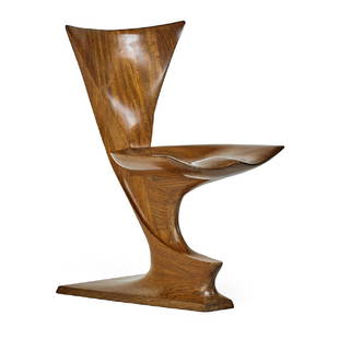 MICHAEL COFFEY Viking chair: MICHAEL COFFEY Viking chair, Massachusetts, late 20th C. Laminated and carved African Mozambique Carved signature 34 1/2" x 19 1/2" x 24"