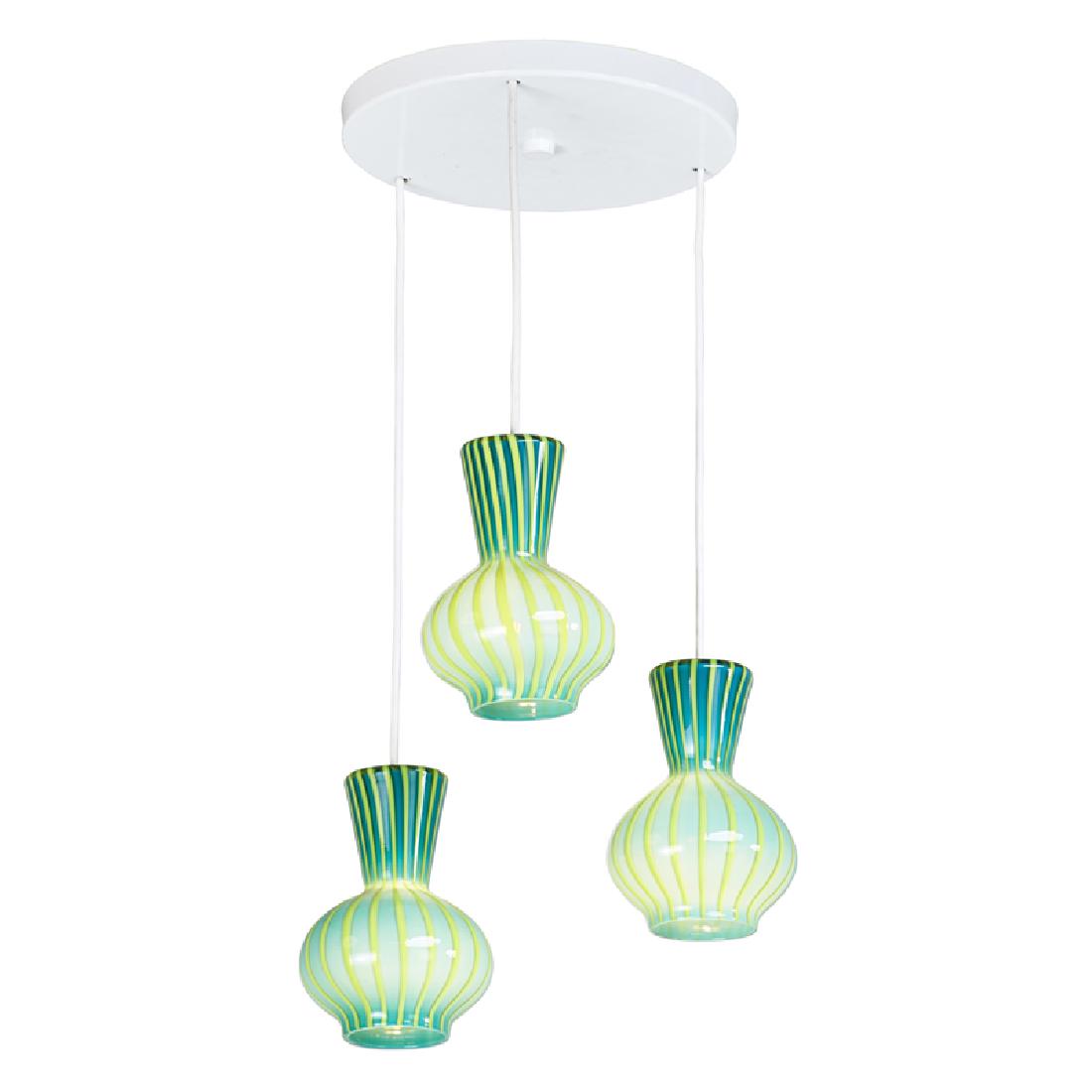 VENINI Three-pendant chandelier: VENINI Three-pendant chandelier, Italy, 1960s Cased glass, enameled metal, three sockets Unmarked 27 1/2" x 13 1/2" dia.