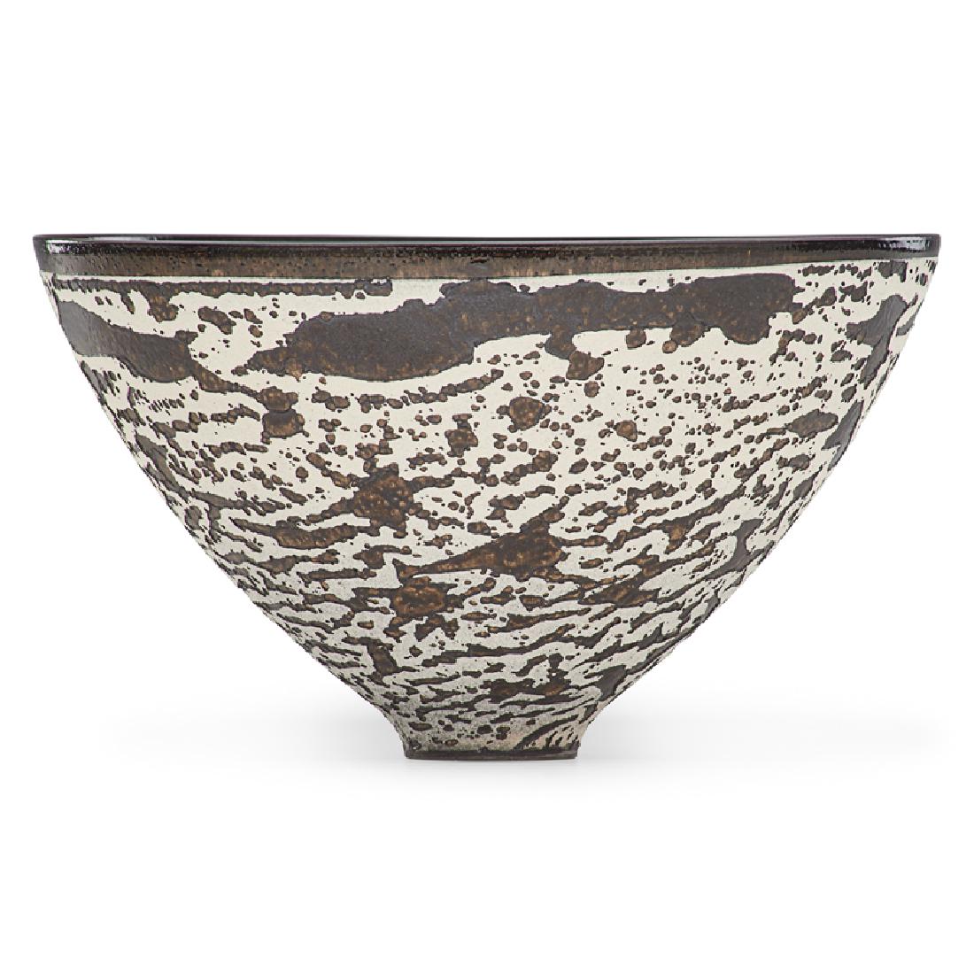 JAMES LOVERA Fine bowl: JAMES LOVERA (1920 - 2015) Fine and unusual bowl, volcanic glaze, San Francisco, CA Glazed earthenware Signed 5" x 8 1/2" Provenance: Private collection, California