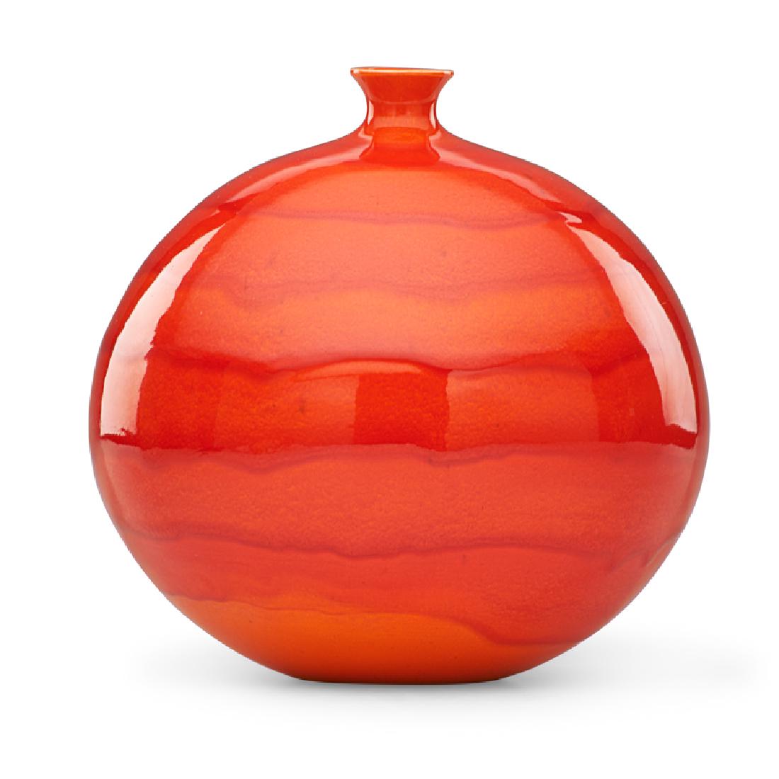 JAMES LOVERA Bulbous vase: JAMES LOVERA (1920 - 2015) Bulbous vase, vivid red-orange glaze, San Francisco, CA, ca. 1960 Glazed earthenware Signed 9" x 8" Provenance: Private collection, California Exhibited: Association of San