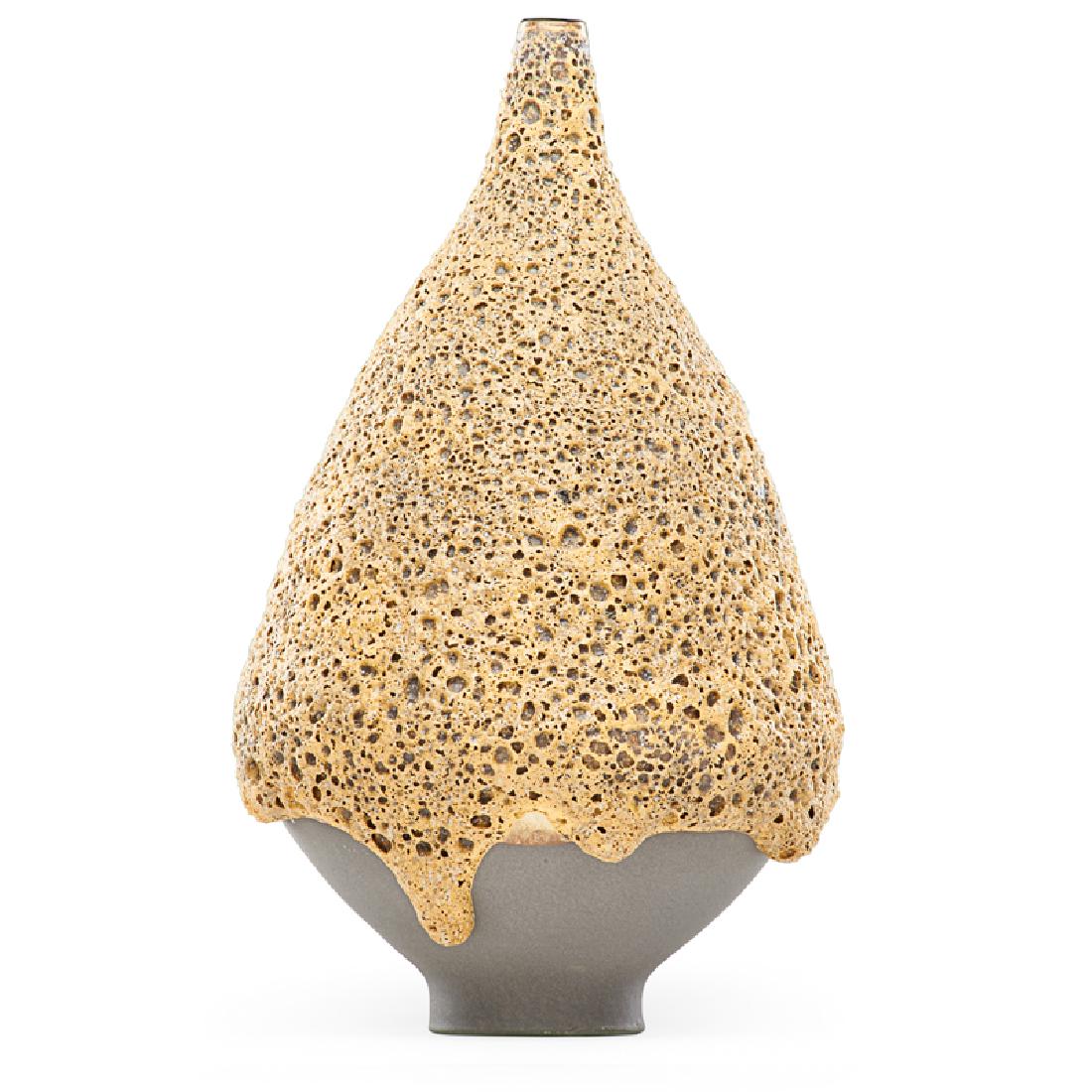 JAMES LOVERA Exceptional vase: JAMES LOVERA (1920 - 2015) Exceptional teardrop-shaped vase, flowing volcanic glaze, San Francisco, CA, 2007 Glazed earthenware Signed 10 1/2" x 6" Provenance: Private collection, California