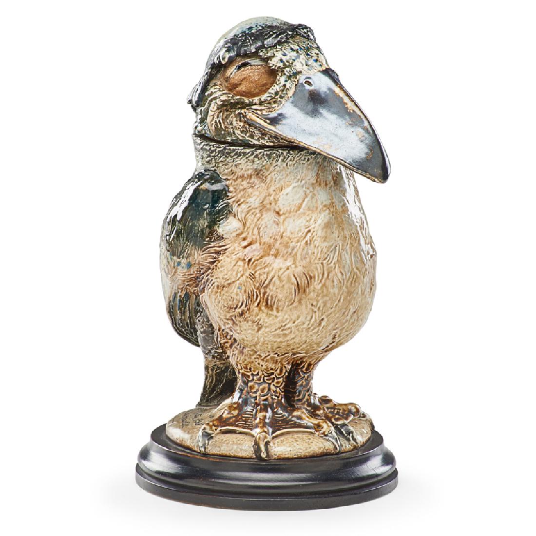 MARTIN BROTHERS Monk bird tobacco jar: ROBERT W. MARTIN (1843 - 1923) MARTIN BROTHERS Monk bird tobacco jar, England, 1893/95 Salt-glazed stoneware, painted wood Head signed R.W. Martin + Bros London +Southall 12-1893, base signed Martin B