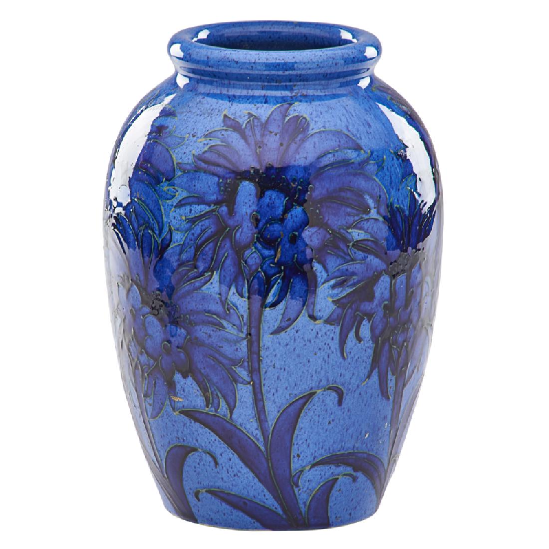 MOORCROFT Cornflower vase: MOORCROFT Cornflower vase, England, ca. 1918-29 Stamped MOORCROFT MADE IN ENGLAND with blue signature 9" x 6" Provenance: The Harriman Judd Collection, Los Angeles, CA