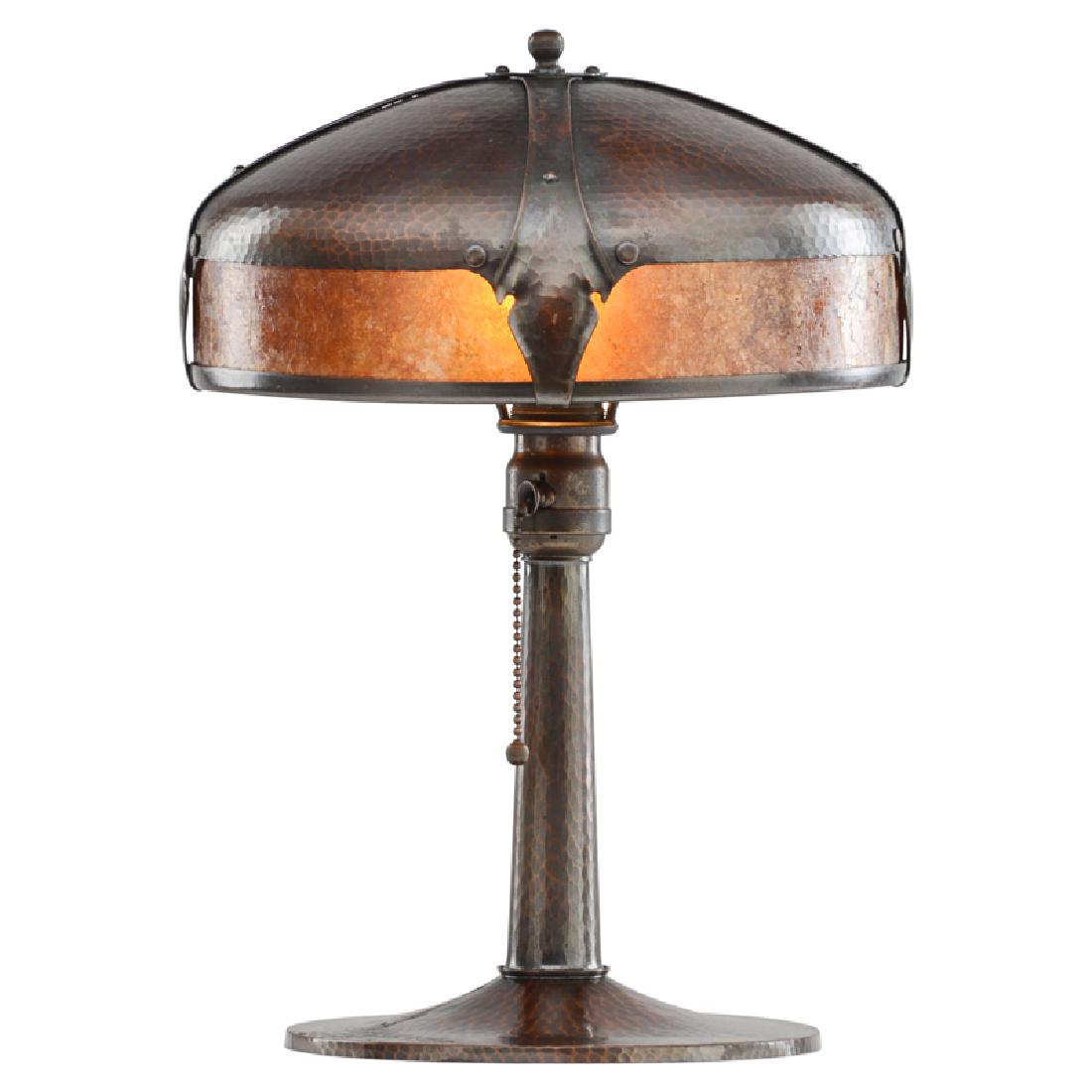 ROYCROFT Table lamp: ROYCROFT Table lamp, East Aurora, NY, 1920s Hammered copper, mica, single socket Orb and cross mark 14 1/2" x 10"