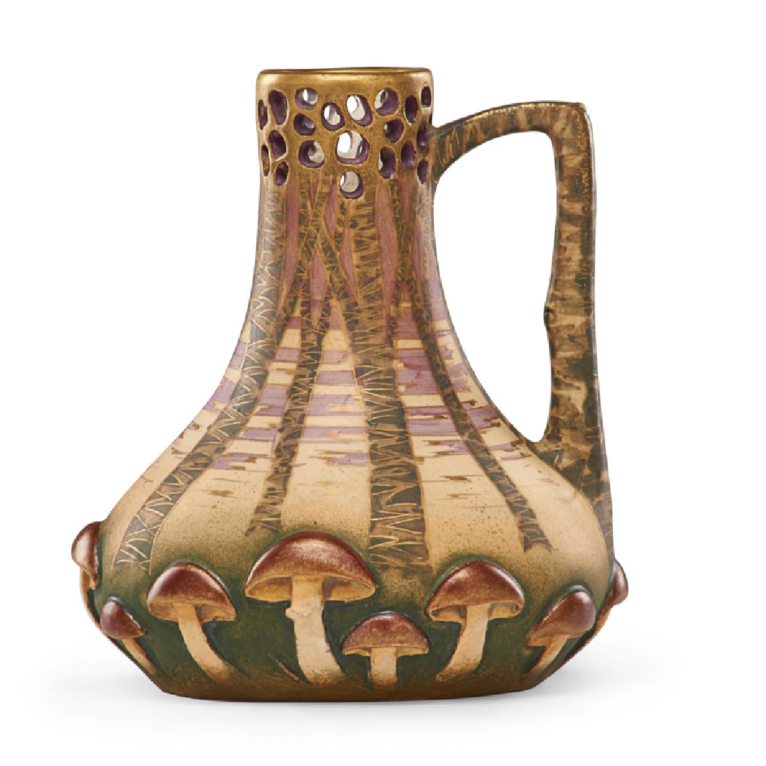 PAUL DACHSEL Small ewer with mushrooms: PAUL DACHSEL Small reticulated Amphora ewer with birch trees and mushrooms, Turn-Teplitz, Bohemia, ca. 1907 Red PD stamp/1110/10 6 1/4" x 5 1/2" Published: Scott, Ceramics from the House of Amphora 18
