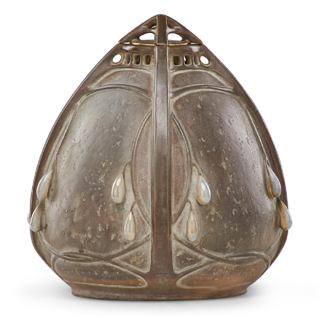 PAUL DACHSEL Incense burner with raindrops: PAUL DACHSEL Amphora incense burner with raindrops, Turn-Teplitz, Bohemia, ca. 1907 PD stamp/MADE IN AUSTRIA/2009/1 7" x 6"