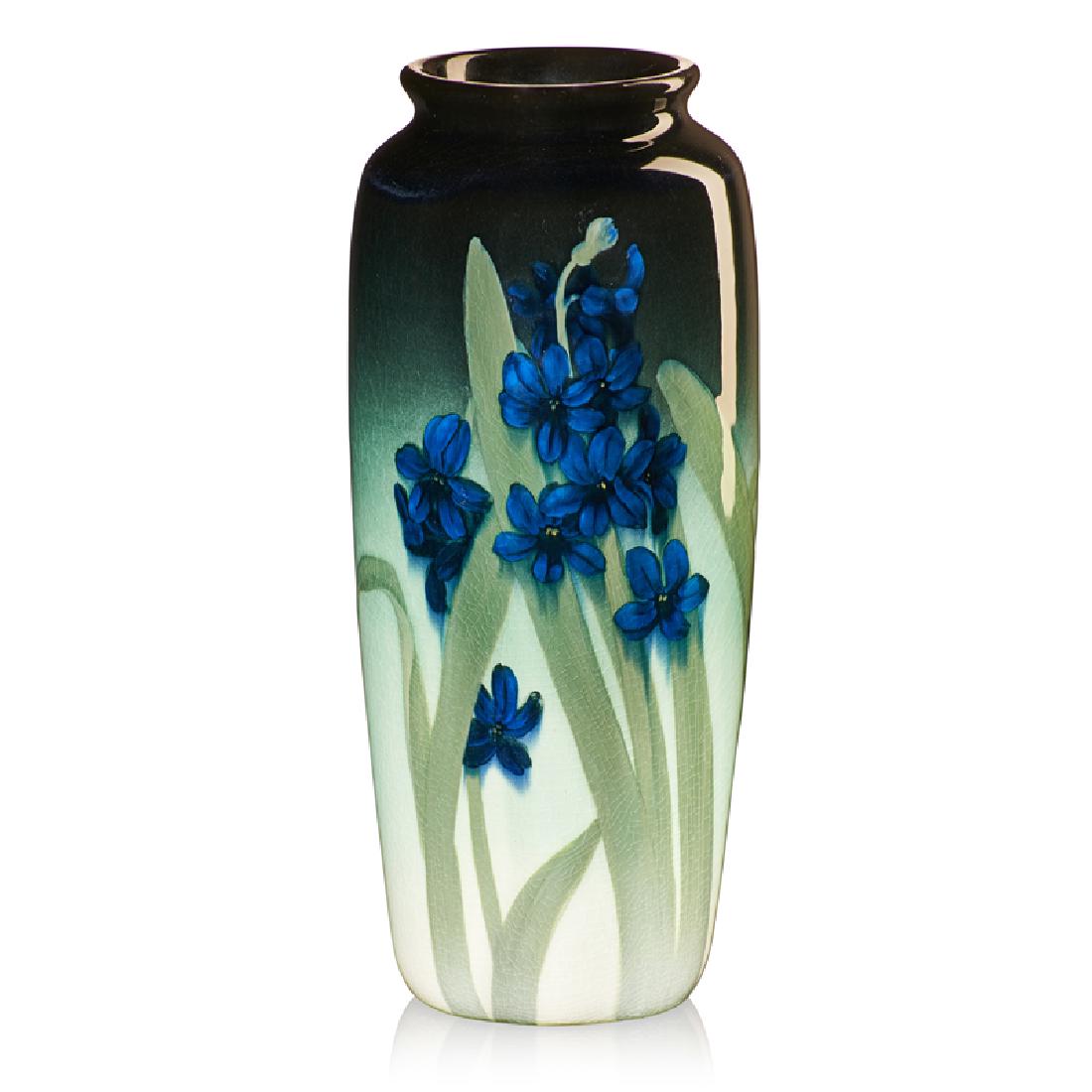 SARA SAX; ROOKWOOD Iris Glaze vase: SARA SAX (1870 - 1949) ROOKWOOD Iris Glaze vase with crocuses, Cincinnati, OH, 1906 Flame mark/VI/904CC/SX 9 3/4" x 4"