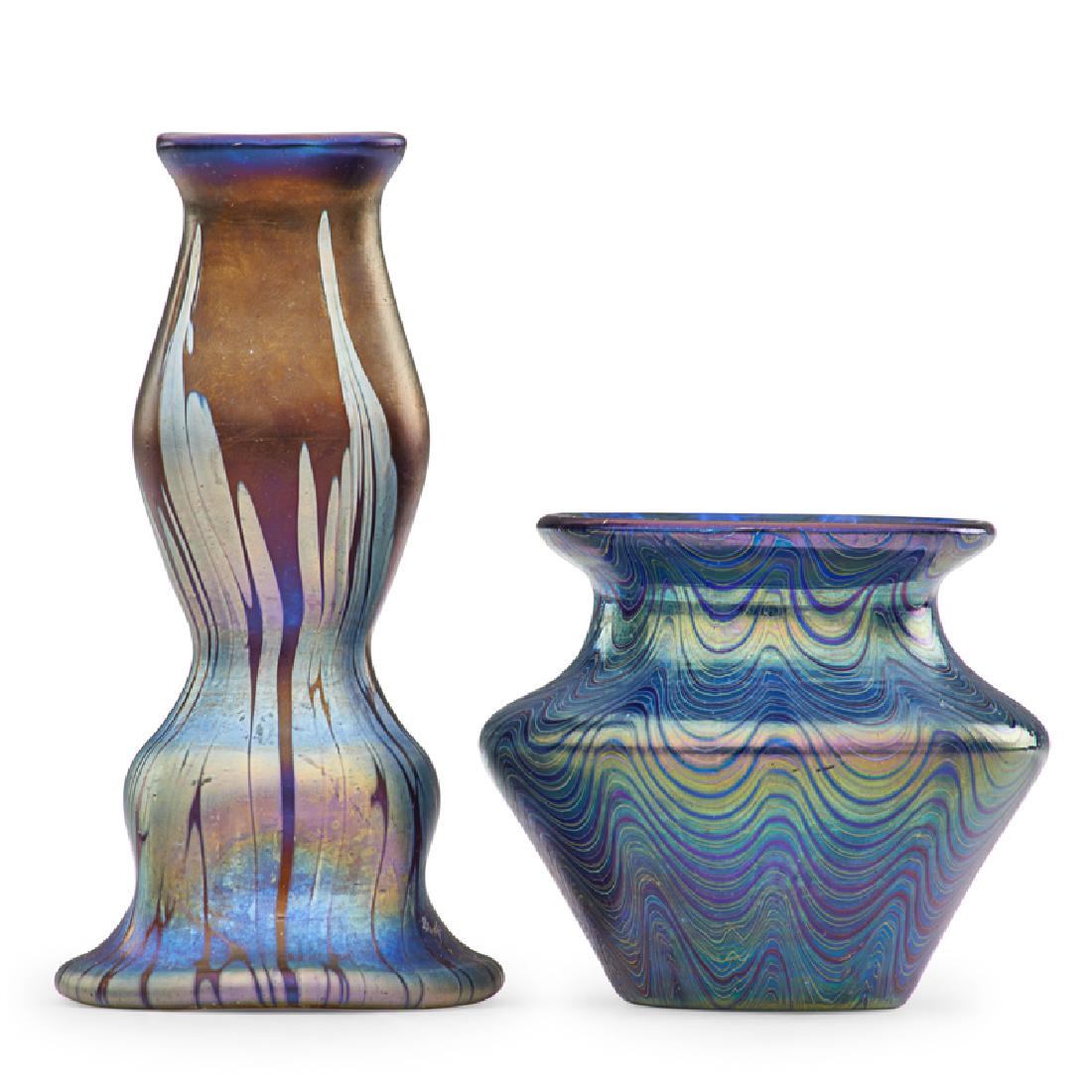 LOETZ Two small vases: LOETZ Cabinet Phänomen and Medici vases, Austria, ca. 1900 Blown glass Shorter etched Loetz Austria 4 1/2", 2 1/2" Provenance: Private collection, New Jersey