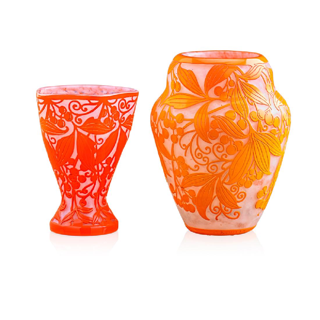 DAUM Two Art Deco vases: DAUM Two Art Deco vases with berries, France, 1920s Acid-etched cameo glass Both etched DAUM NANCY with Croix de Lorraine 10", 8"
