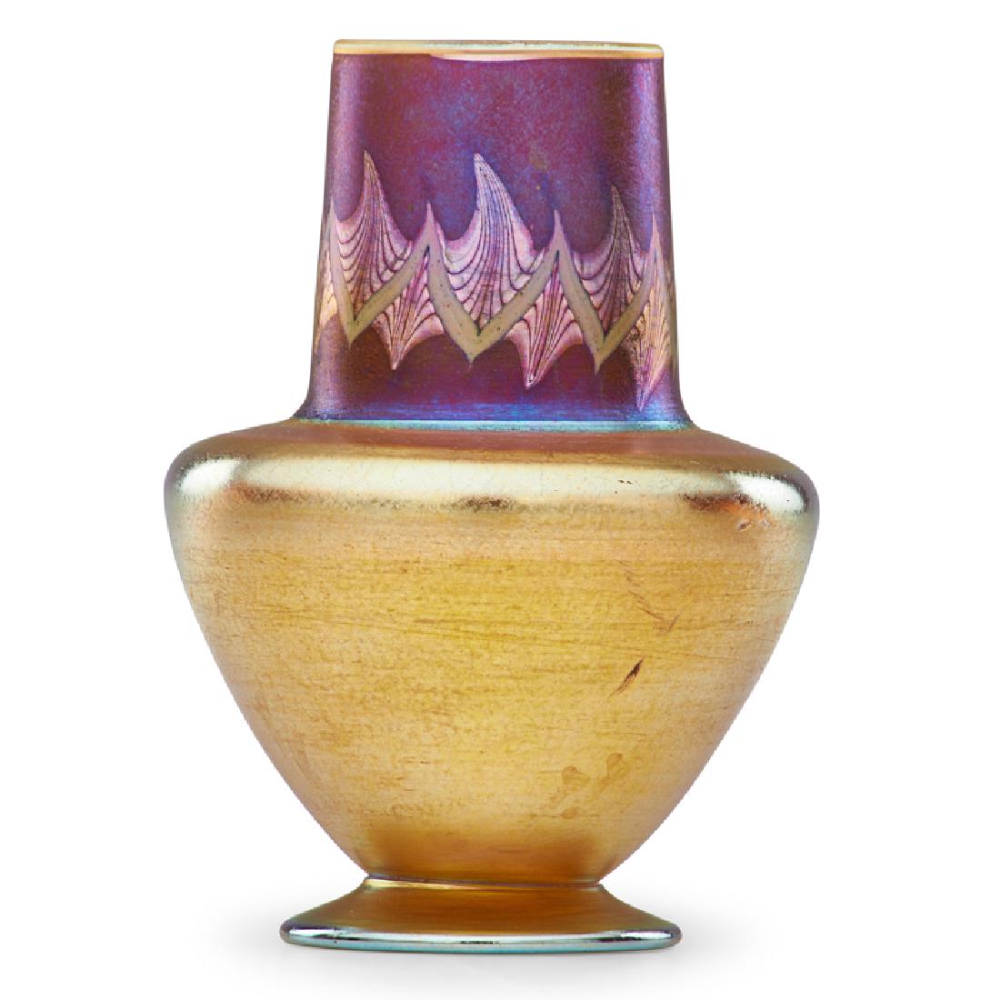 TIFFANY STUDIOS Tel-el-Amarna vase: TIFFANY STUDIOS Purple and gold Favrile Tel-el-Amarna vase, New York, ca. 1916 Blown glass Etched L. C. Tiffany - Favrile 7961 K 5 1/4" x 4" Provenance: Private collection, New Jersey