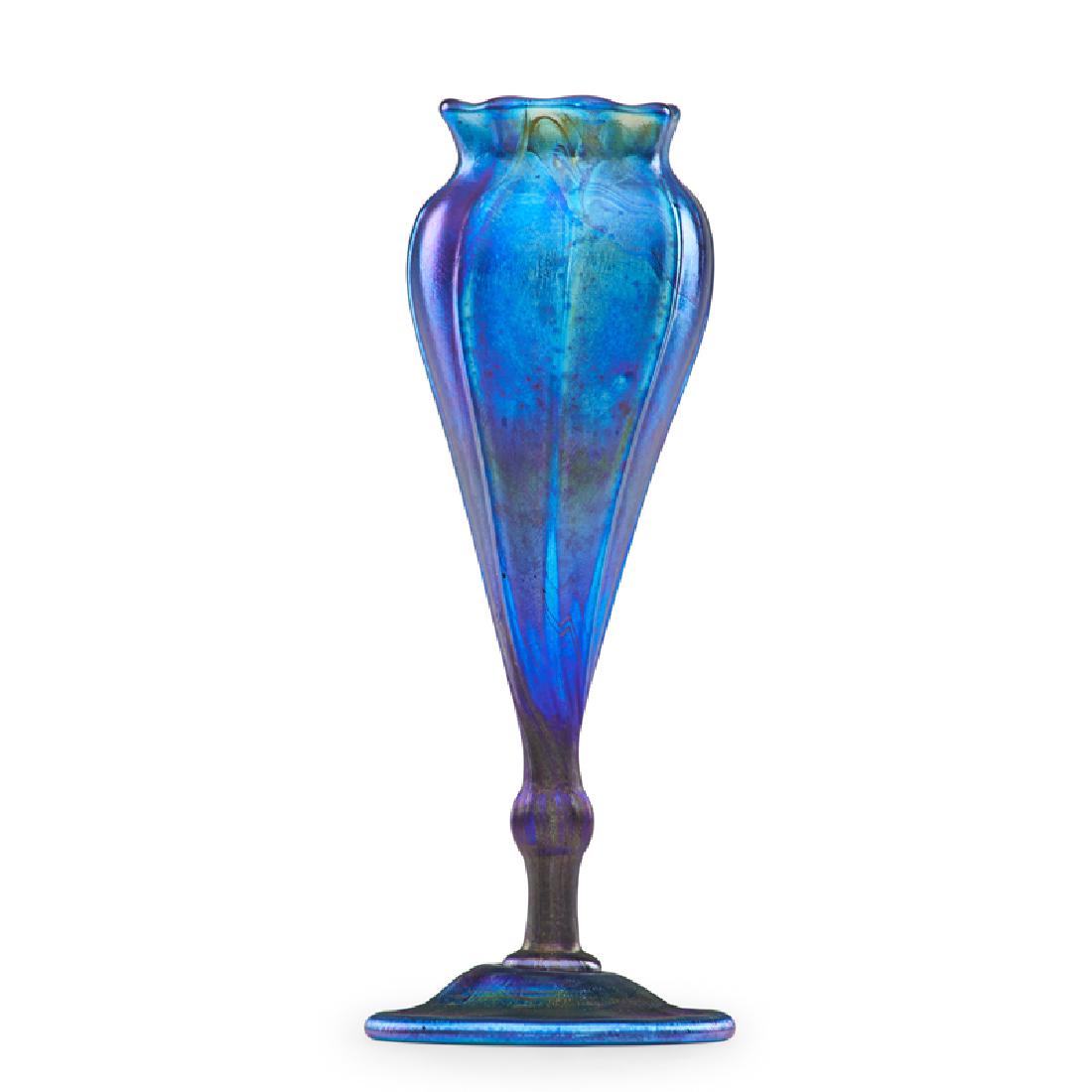 TIFFANY STUDIOS Favrile floriform cabinet vase: TIFFANY STUDIOS Blue Favrile floriform cabinet vase, New York, ca. 1916 Blown glass Etched L.C. Tiffany - Favrile 5951 K 5 3/4" x 2 1/4"
