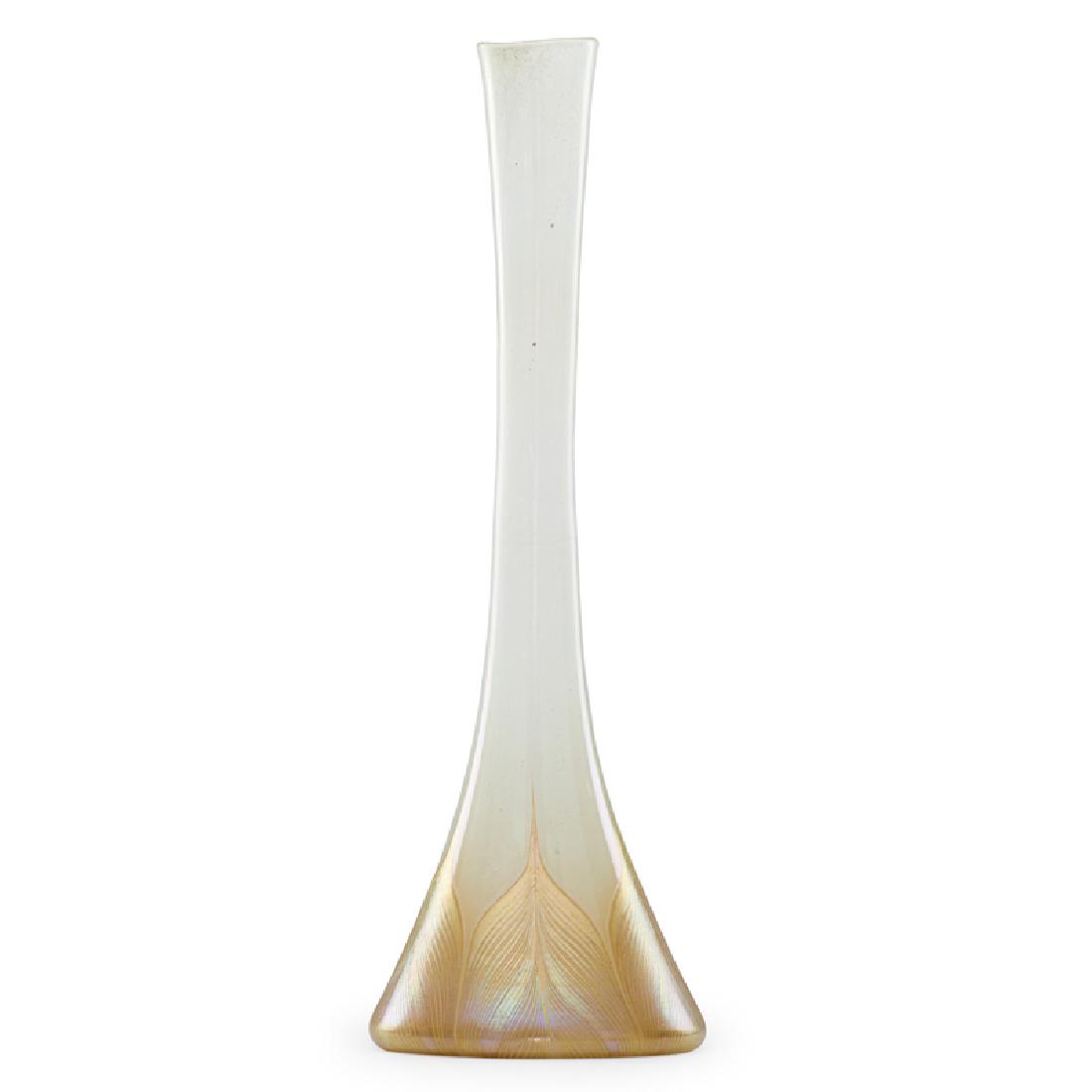 TIFFANY STUDIOS Tall tapered Favrile vase: TIFFANY STUDIOS Tall tapered pulled-feather Favrile vase, New York, early 20th C. Blown glass Etched L.C. Tiffany - Favrile 1118 16" x 5 1/4"