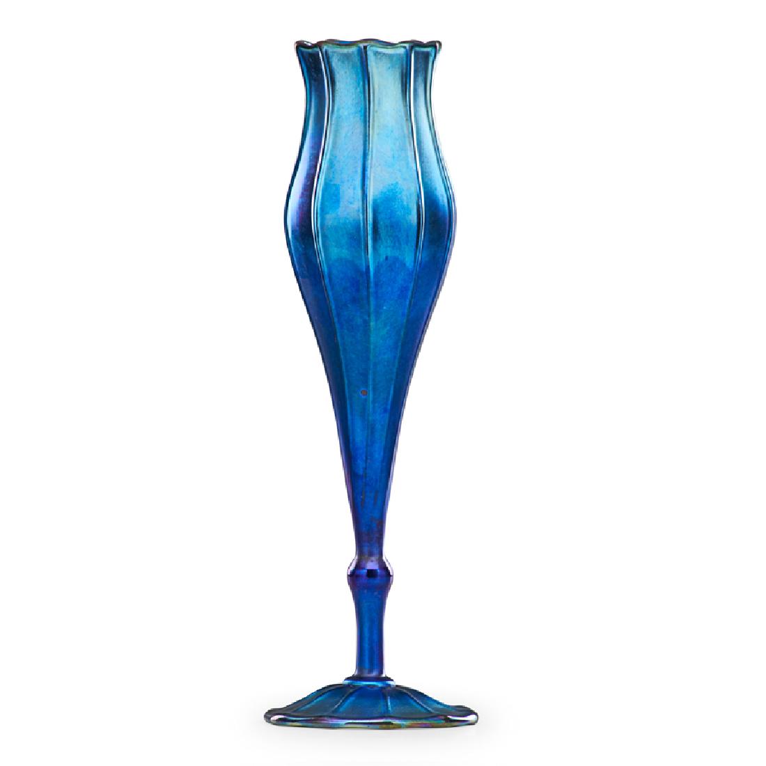 TIFFANY STUDIOS Blue Favrile glass vase: TIFFANY STUDIOS Tall blue Favrile vase, New York, ca. 1917 Blown glass Etched L.C. Tiffany - Favrile 4959L 1526 12 3/4" x 4"