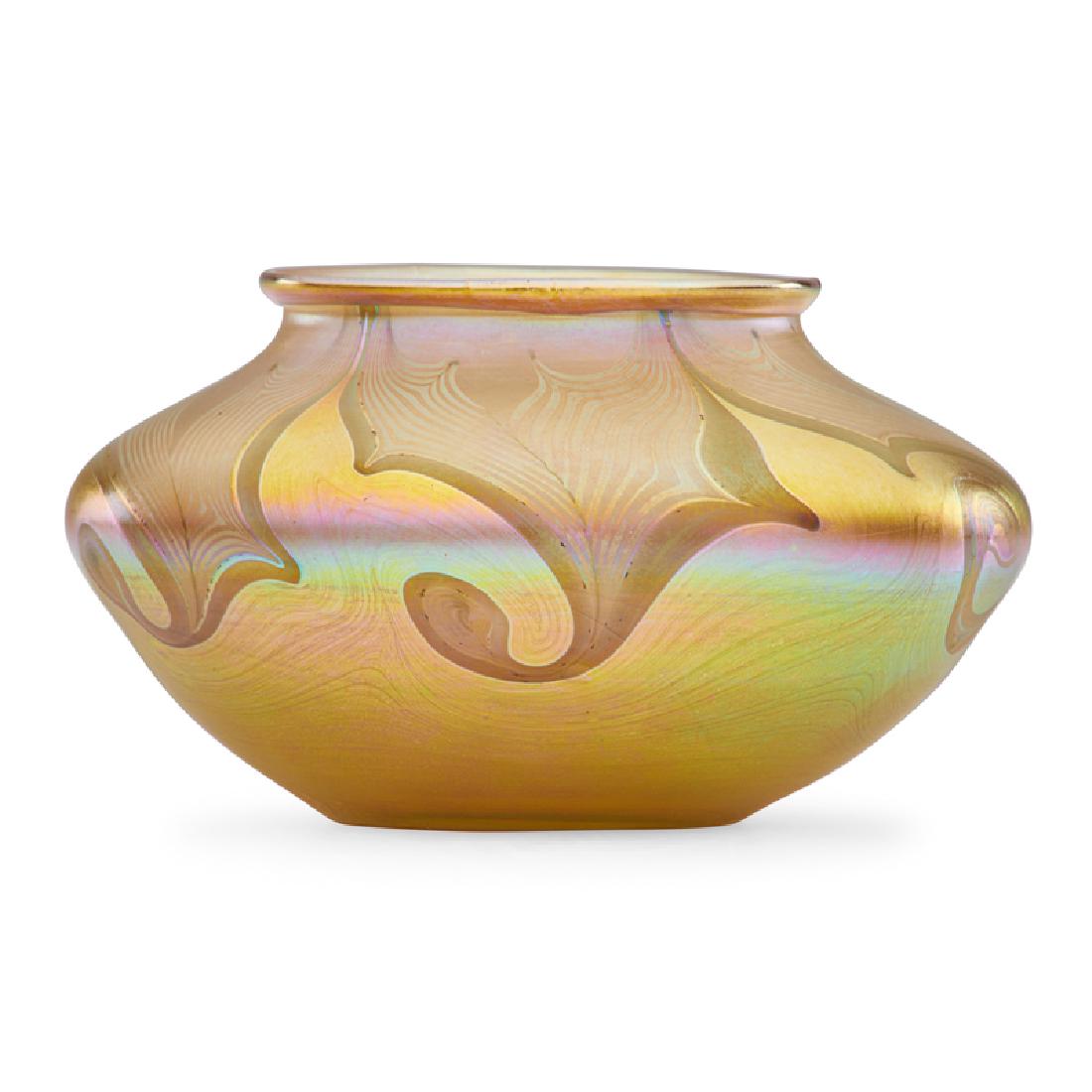 TIFFANY STUDIOS Favrile glass vessel: TIFFANY STUDIOS Squat gold Favrile vessel with pulled-feather pattern, New York, ca. 1902 Blown glass Etched L.C.T. Q 4281 3" x 5"