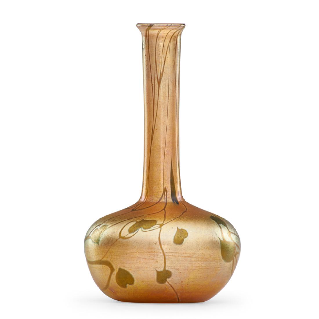 TIFFANY STUDIOS Small gold Favrile vase: TIFFANY STUDIOS Gold Favrile cabinet vessel with heart and vine pattern, New York, ca. 1910 Blown glass Etched L.C. Tiffany - Favrile 7504 E 6" x 3 1/4"