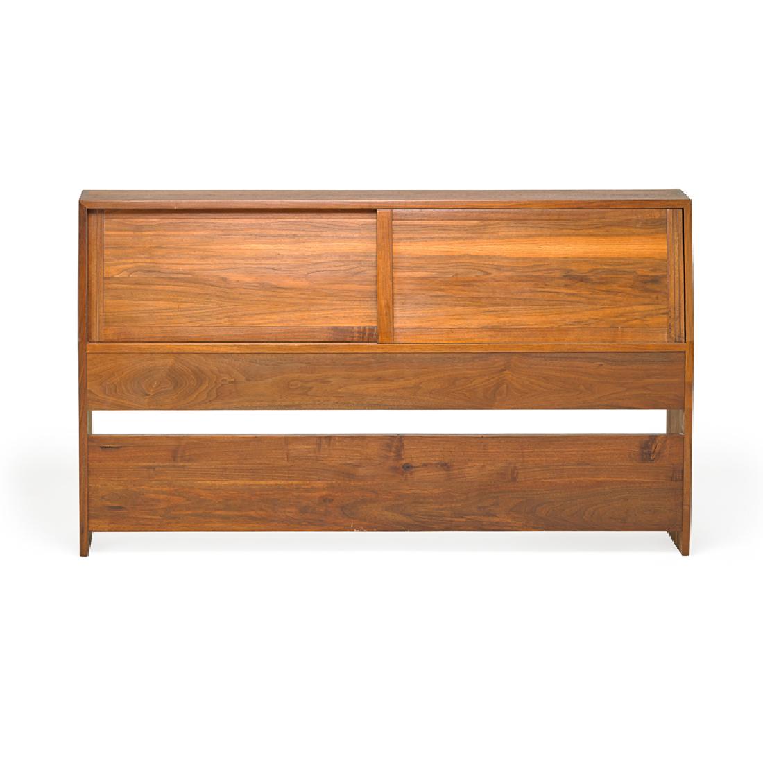 GEORGE NAKASHIMA Headboard: GEORGE NAKASHIMA (1905 - 1990) NAKASHIMA STUDIO Queen-size storage headboard, New Hope, PA, 1960 Walnut Signed with client name 36" x 62" x 12" Provenance: Copy of original order card and letter from