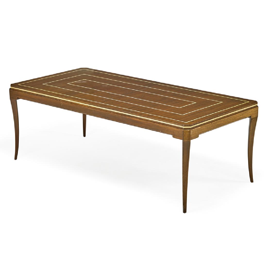 TOMMI PARZINGER Dining table: TOMMI PARZINGER (1903 - 1981) PARZINGER ORIGINALS Extension dining table, New York, 1960s Mahogany, satinwood, two leaves Unmarked 29 1/2" x 85" x 40", two leaves: 20" ea.