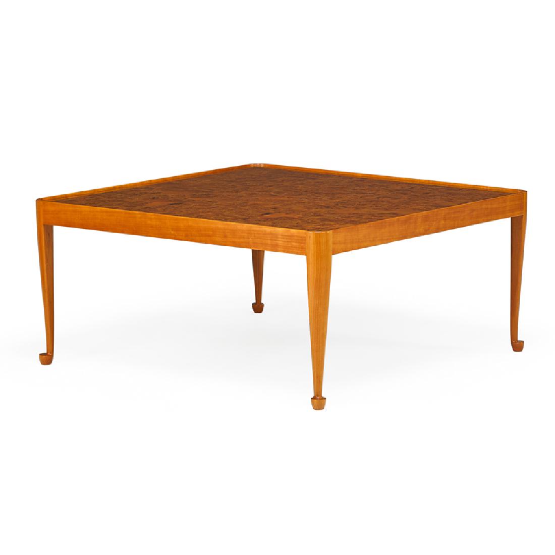 JOSEF FRANK; ERIKSSON & SONER Coffee table: JOSEF FRANK (1873 - 1941) ERIKSSON & SONER Coffee table, Sweden, des. 1949, manuf. 1980s Mahogany, elmroot Branded AB Erikson & Soner Mobilsnickeri Vrena 10 1/4" x 41 1/4" sq.