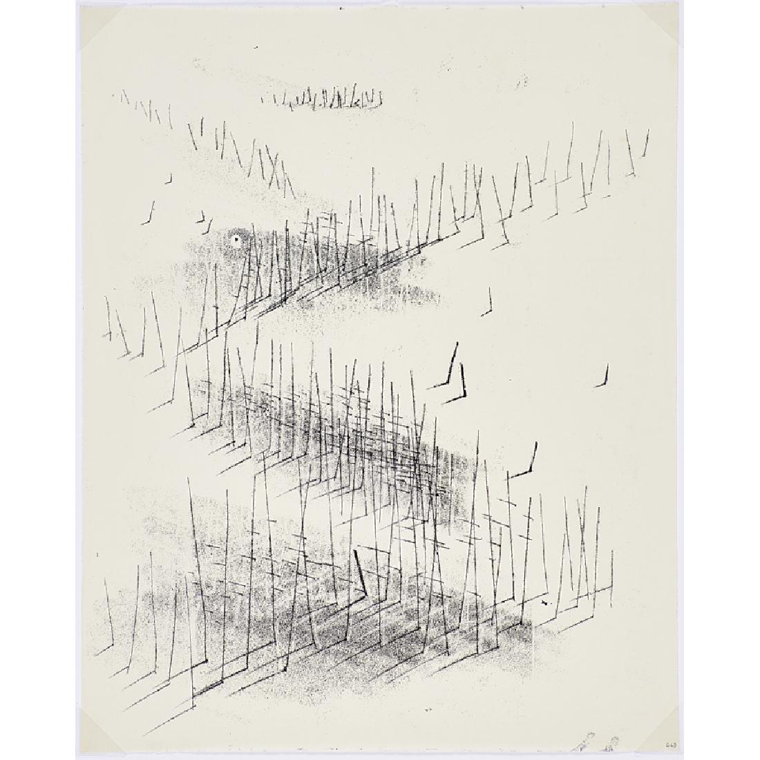 HARRY BERTOIA Untitled monographic: HARRY BERTOIA (1915 - 1978) Untitled monographic (Forest of Singing Wires), Bally, PA, late 1950s Black ink on paper Paper watermarked "C. Miliani-Fabriano" Image: 19 1/2" x 15 1/2" Published: Nelson,