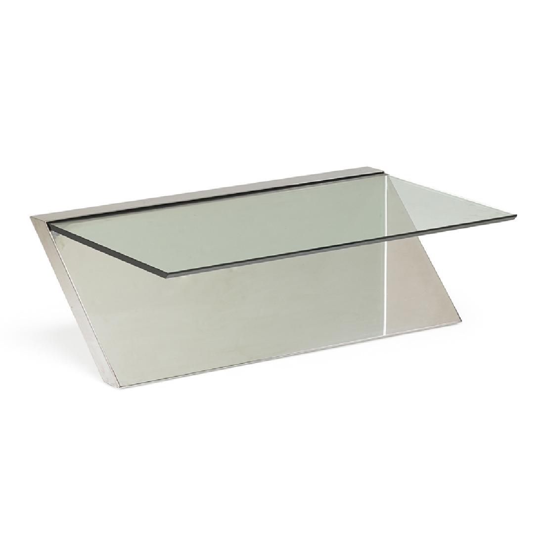 J. WADE BEAM; BRUETON Coffee table: J. WADE BEAM BRUETON Coffee table, USA, 1980s Polished and brushed stainless steel, glass Unmarked 16" x 32" x 48"