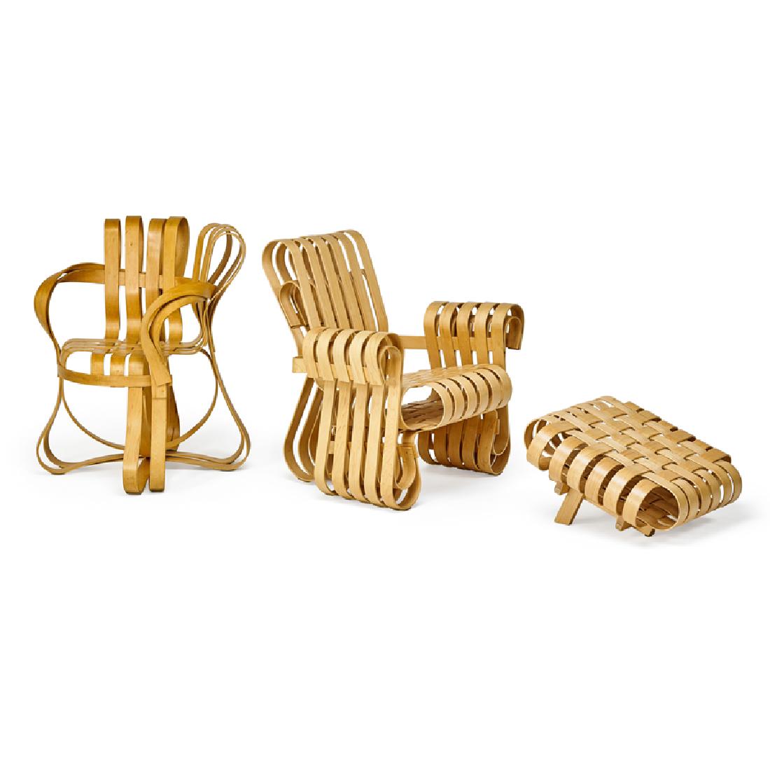 FRANK GEHRY Lounge chair, ottoman, and armchair: FRANK GEHRY (b. 1929) KNOLL INTERNATIONAL Power Play lounge chair, ottoman, and Cross-Check chair, USA, 1993-94 Bent and laminated maple Branded, signed, and dated Lounge chair: 33" x 31 1/2" x 31", o