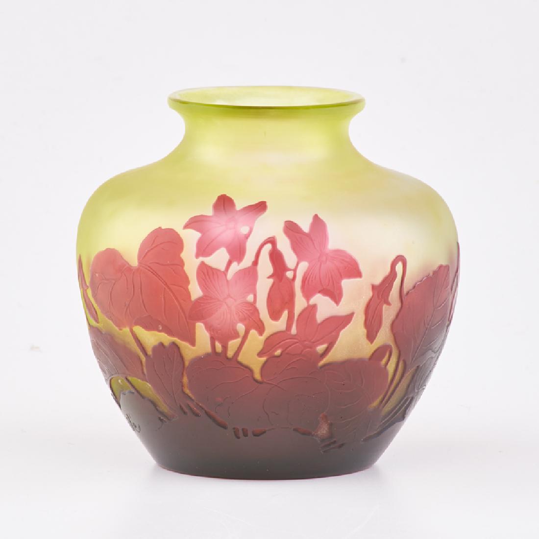 GALLE: Ovoid vase with cyclamen, Nancy, France, early 20th c. Acid-etched cameo glass Etched signature 5" x 4 1/2" dia.