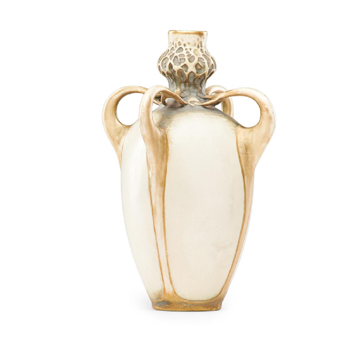 RIESSNER/ STELLMACHER & KESSEL: Amphora four-handled vase, Turn-Teplitz, Bohemia, ca. 1906 Red RSTK stamp MADE IN AUSTRIA, impressed AMPHORA/16/540 10 1/2" x 7 1/2"