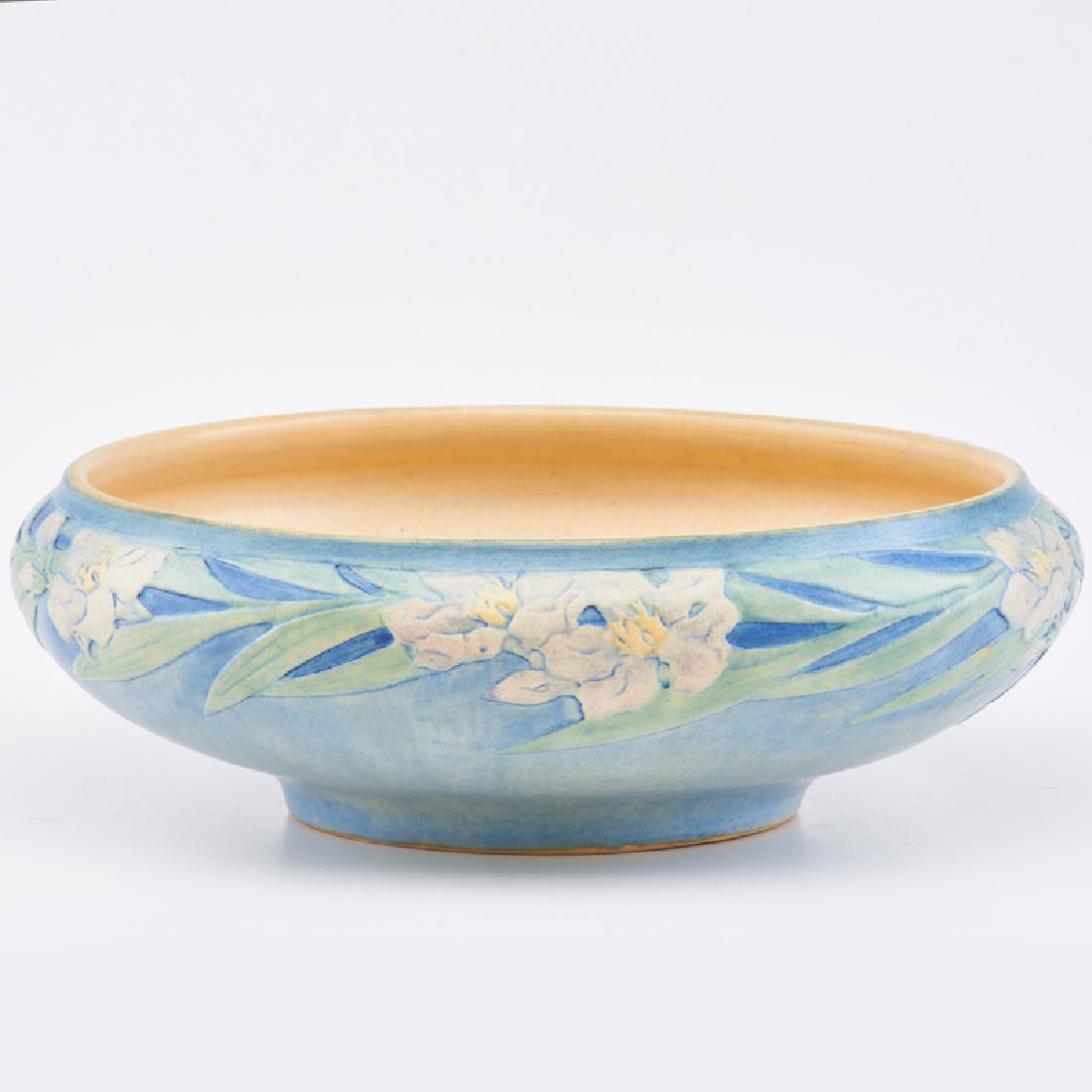 ANNA FRANCES SIMPSON (1880-1930); NEWCOMB COLLEGE: Low bowl decorated with band of jonquils, New Orleans, LA, 1919 NC/AFS/KC5/265 3 3/4" x 11 1/8" dia.
