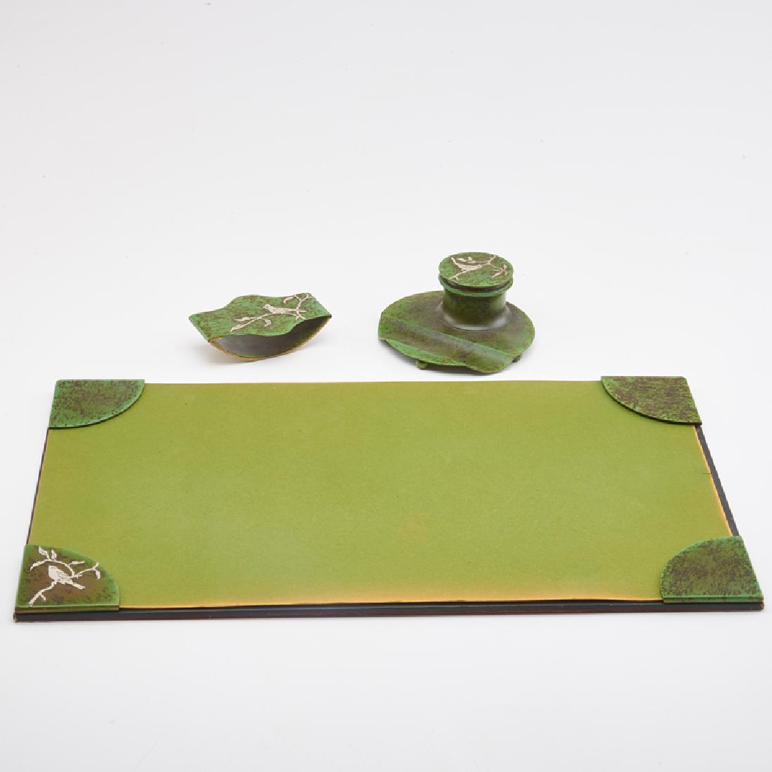 HEINTZ: Three-piece Sterling-on-Bronze desk set: desk blotter, inkwell with glass insert, and rocker blotter, USA, ca. 1915 Inkwell marked Desk blotter: 19" x 11"