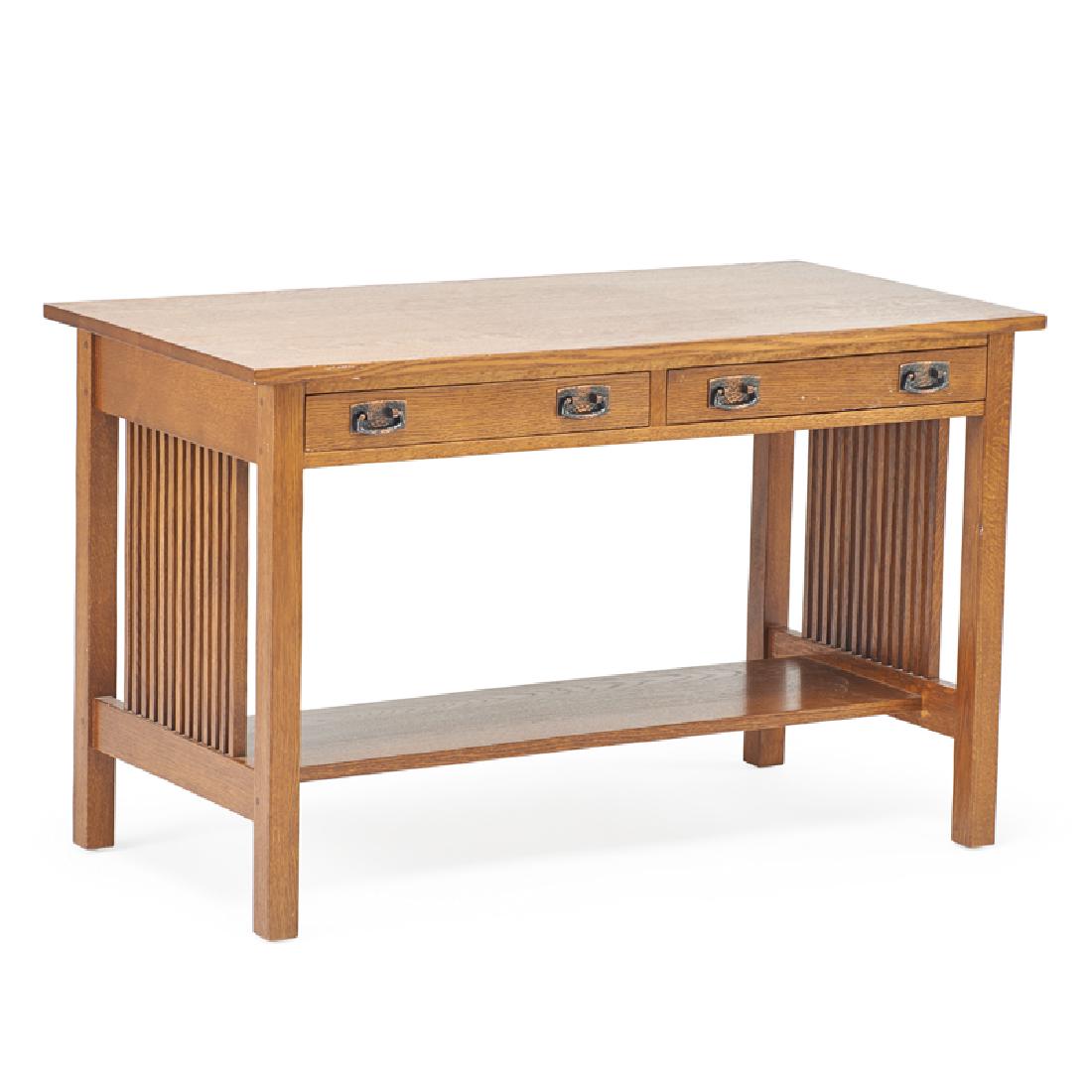 STICKLEY; E.J. AUDI: Contemporary two-drawer spindled library table, Manlius, NY, 2000s Quartersawn oak, patinated metal hardware Branded mark, metal tag 29 1/2" x 48" x 24"