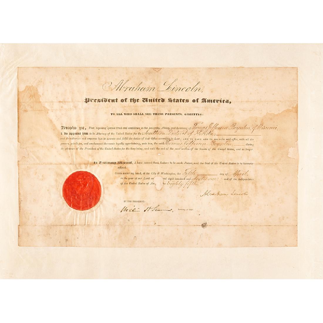 ABRAHAM LINCOLN SIGNED APPOINTMENT: Thomas Jefferson Boynton to Attorney for the Southern District of Florida Dated April 5, 1861 Signed by Abraham Lincoln and William Seward On backing paper 15 1/2" x 10" (Appointment), 18 1/2" x 14" (