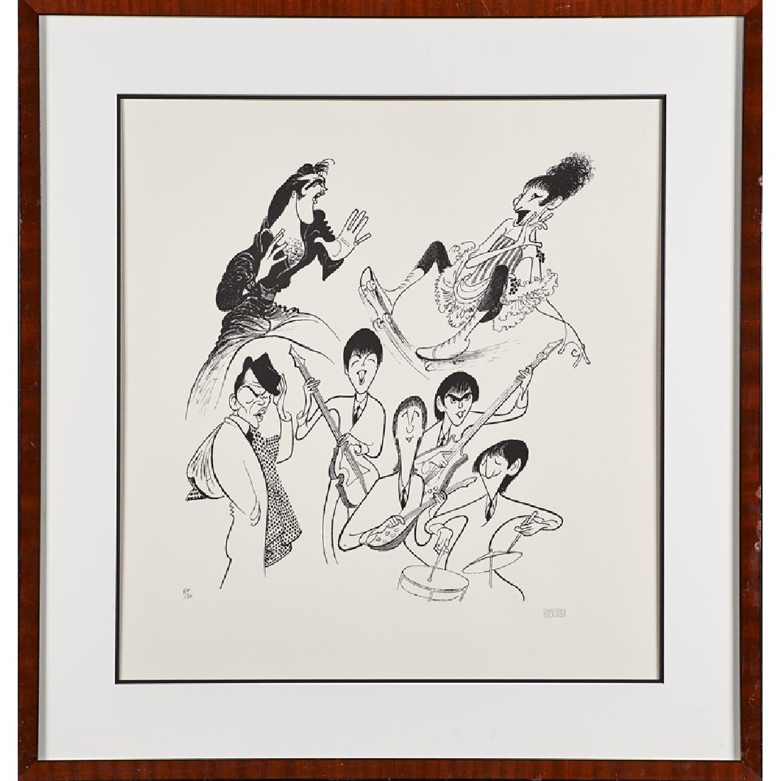 AL HIRSCHFELD (American, 1903-2003): Four lithographs, two in colors "Sensations (Sinatra, Elvis, Beatles. Streisand)", "Sammy Davis, Jr.", "Frank Sinatra in 'Pal Joey'" and "The New Season" (three framed separately) Each signed and note