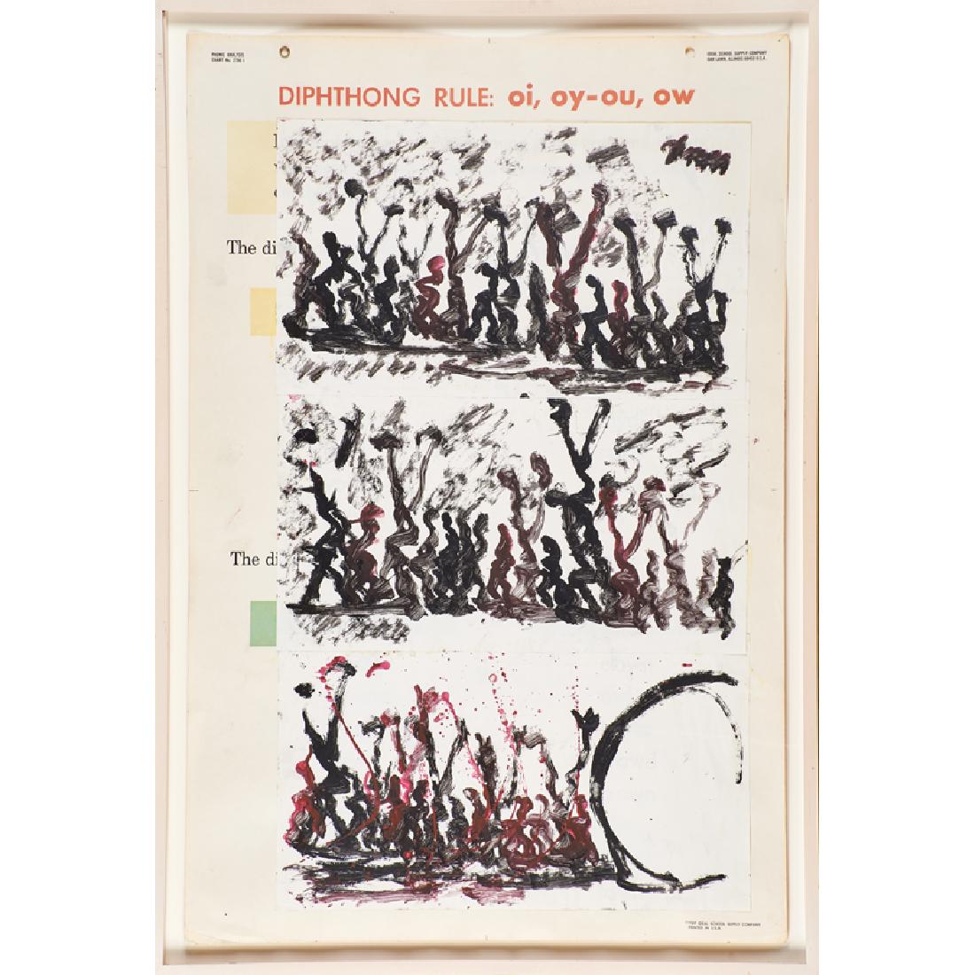 PURVIS YOUNG (American, 1943-2010): Mixed media collage on phonic analysis chart "Diphthong Rule: Oi, oy-ou, ow" (framed) Unmarked 36" x 24"