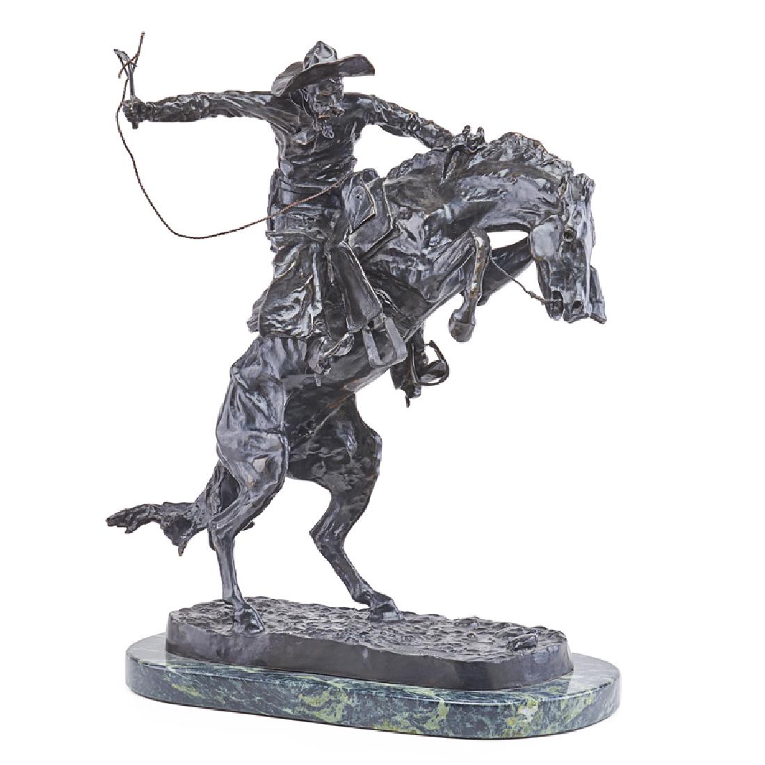 FREDERIC REMINGTON (American, 1861-1909): Bronze on marble base "Broncho Buster" Stamped signature 22 1/2" x 17" x 10"