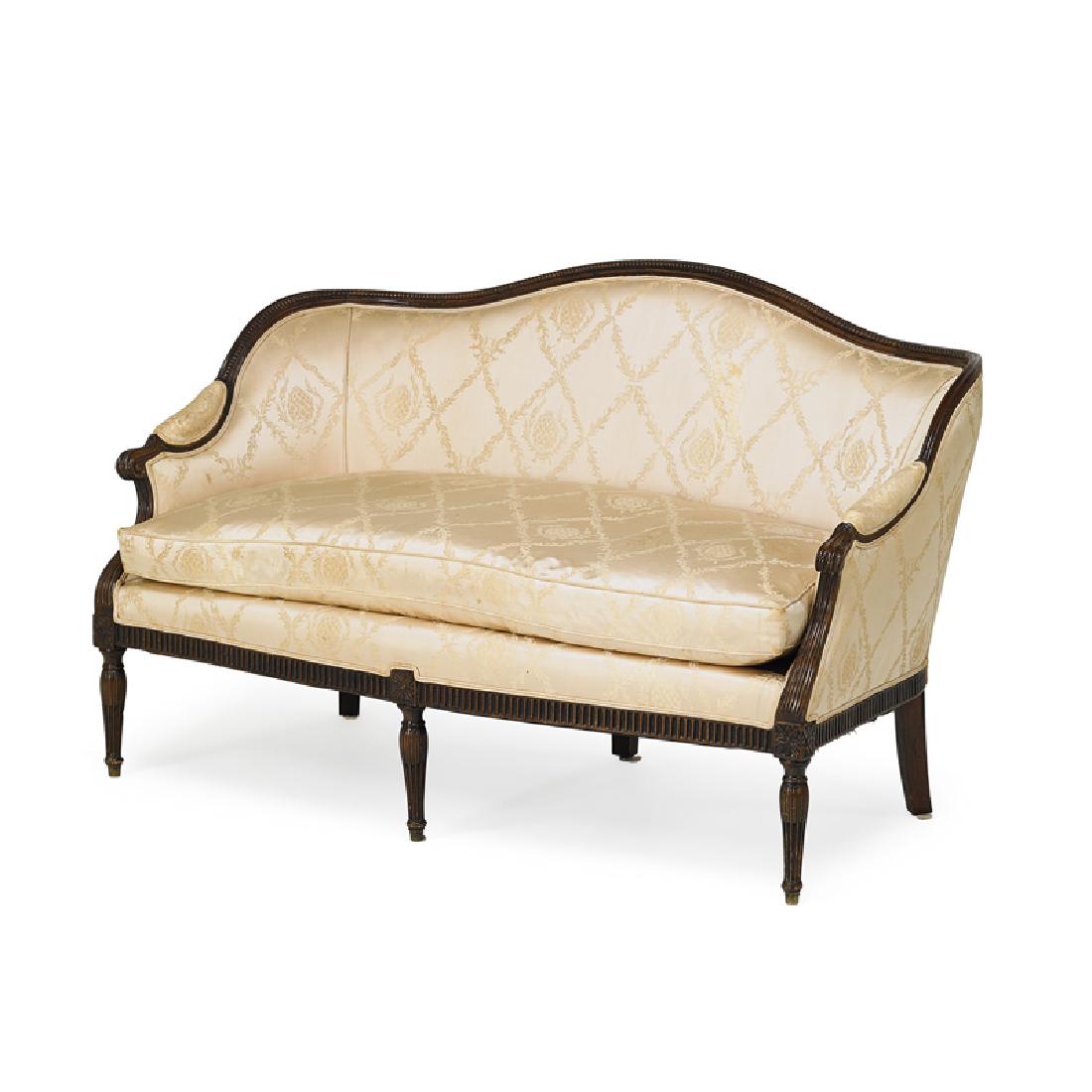 GEORGE III: Settee raised on tapered reeded legs, England, 18th/19th c. Mahogany, upholstery Unmarked 35" x 57 1/2" x 31 1/2"